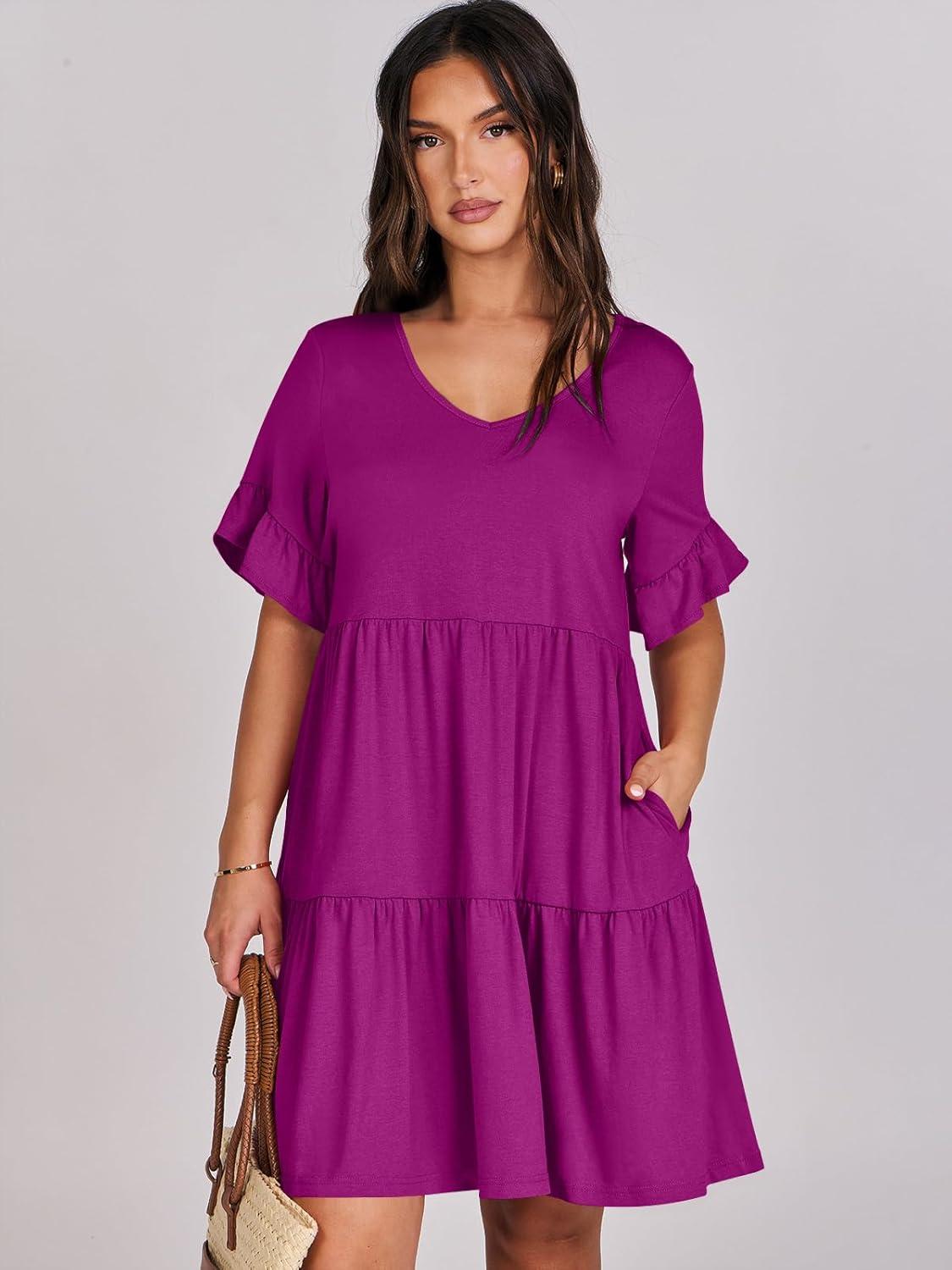 imageANRABESS Dresses for Women Summer 2025 V Neck Ruffle Sleeve A Line Tiered Flowy Casual Trendy Mini Beach Dress with PocketsFuchsia