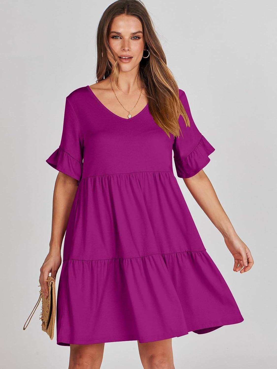 imageANRABESS Dresses for Women Summer 2025 V Neck Ruffle Sleeve A Line Tiered Flowy Casual Trendy Mini Beach Dress with PocketsFuchsia