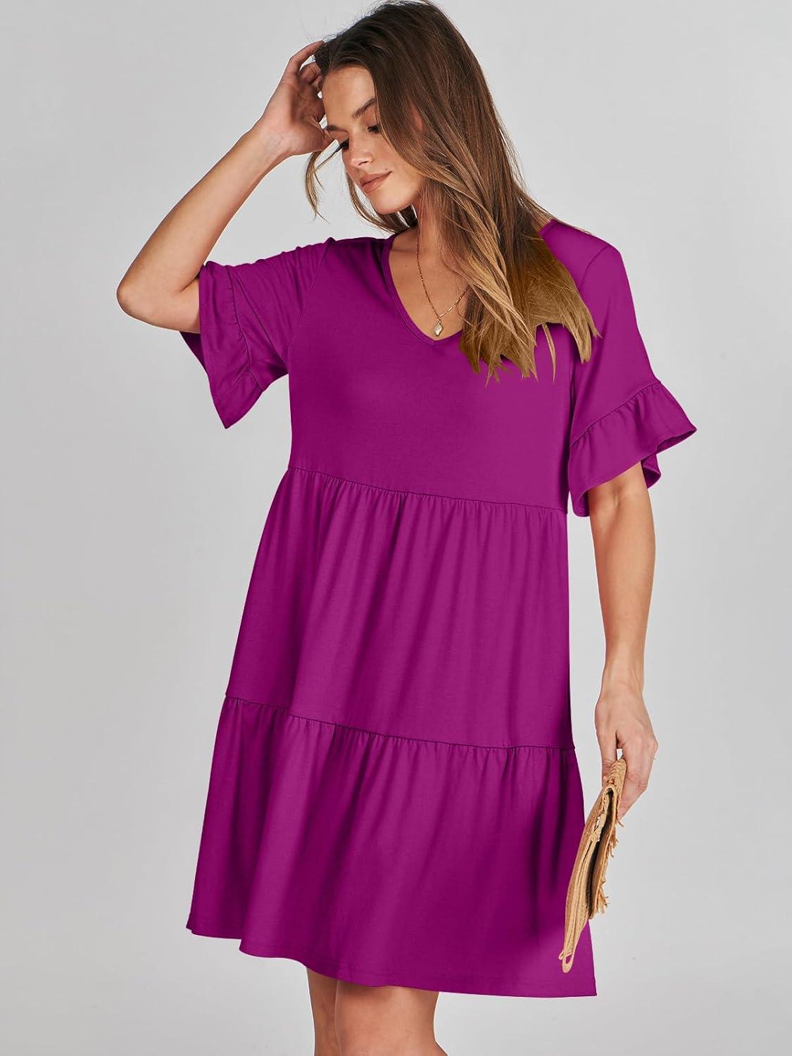 imageANRABESS Dresses for Women Summer 2025 V Neck Ruffle Sleeve A Line Tiered Flowy Casual Trendy Mini Beach Dress with PocketsFuchsia