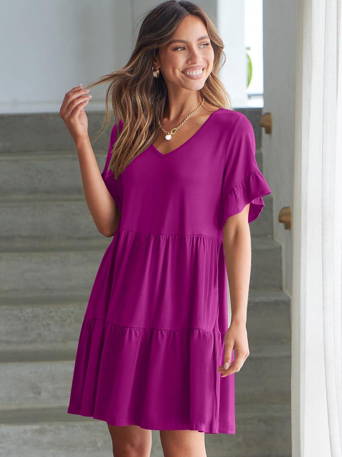 imageANRABESS Dresses for Women Summer 2025 V Neck Ruffle Sleeve A Line Tiered Flowy Casual Trendy Mini Beach Dress with PocketsFuchsia