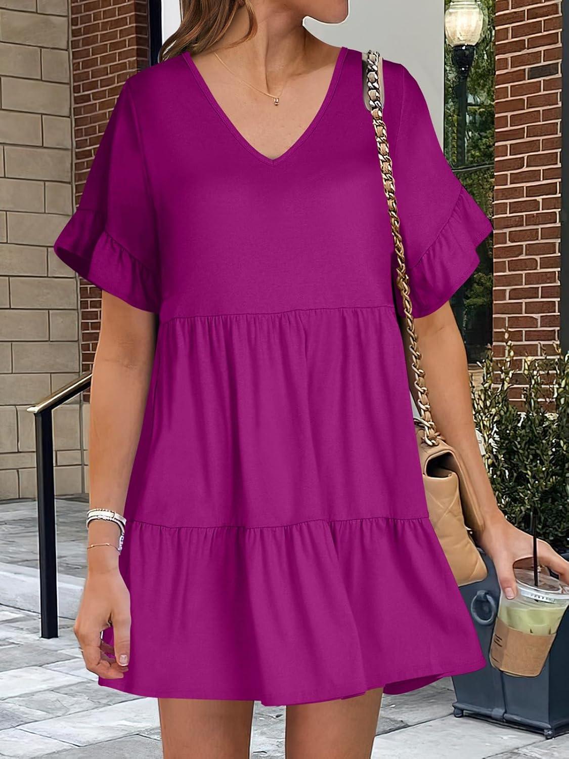 imageANRABESS Dresses for Women Summer 2025 V Neck Ruffle Sleeve A Line Tiered Flowy Casual Trendy Mini Beach Dress with PocketsFuchsia