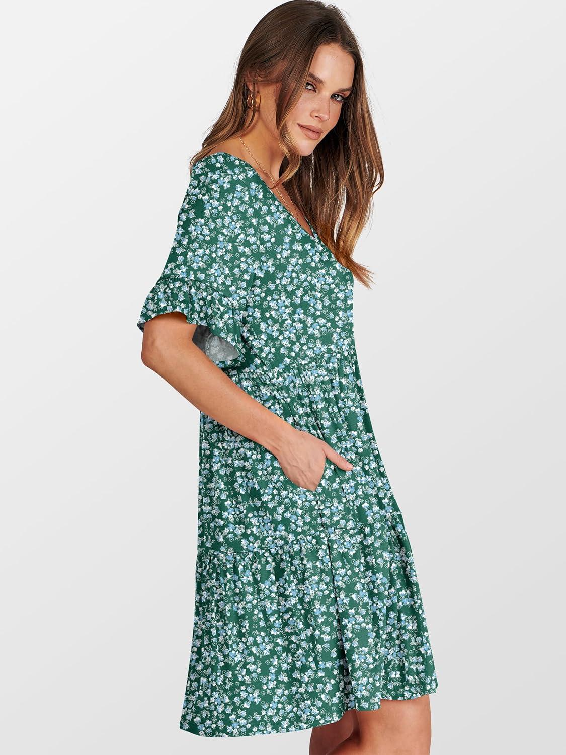 imageANRABESS Dresses for Women Summer 2025 V Neck Ruffle Sleeve A Line Tiered Flowy Casual Trendy Mini Beach Dress with PocketsGreen Blue Floral