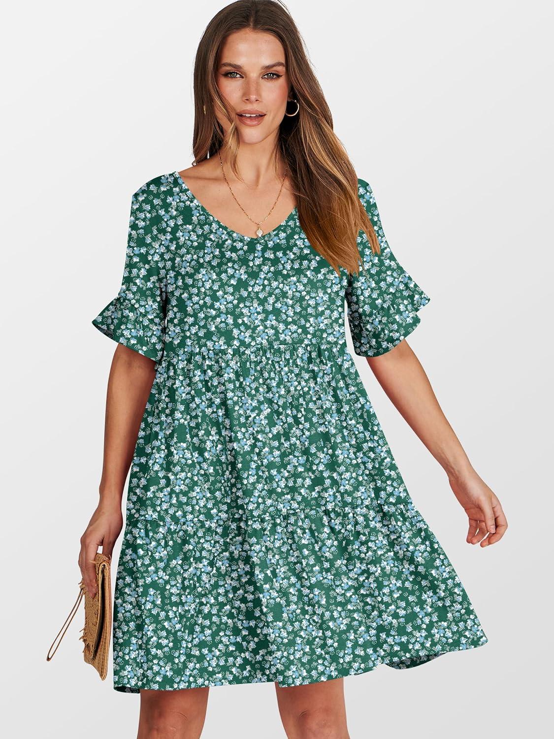 imageANRABESS Dresses for Women Summer 2025 V Neck Ruffle Sleeve A Line Tiered Flowy Casual Trendy Mini Beach Dress with PocketsGreen Blue Floral