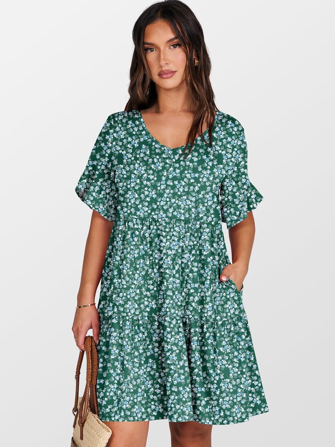 imageANRABESS Dresses for Women Summer 2025 V Neck Ruffle Sleeve A Line Tiered Flowy Casual Trendy Mini Beach Dress with PocketsGreen Blue Floral