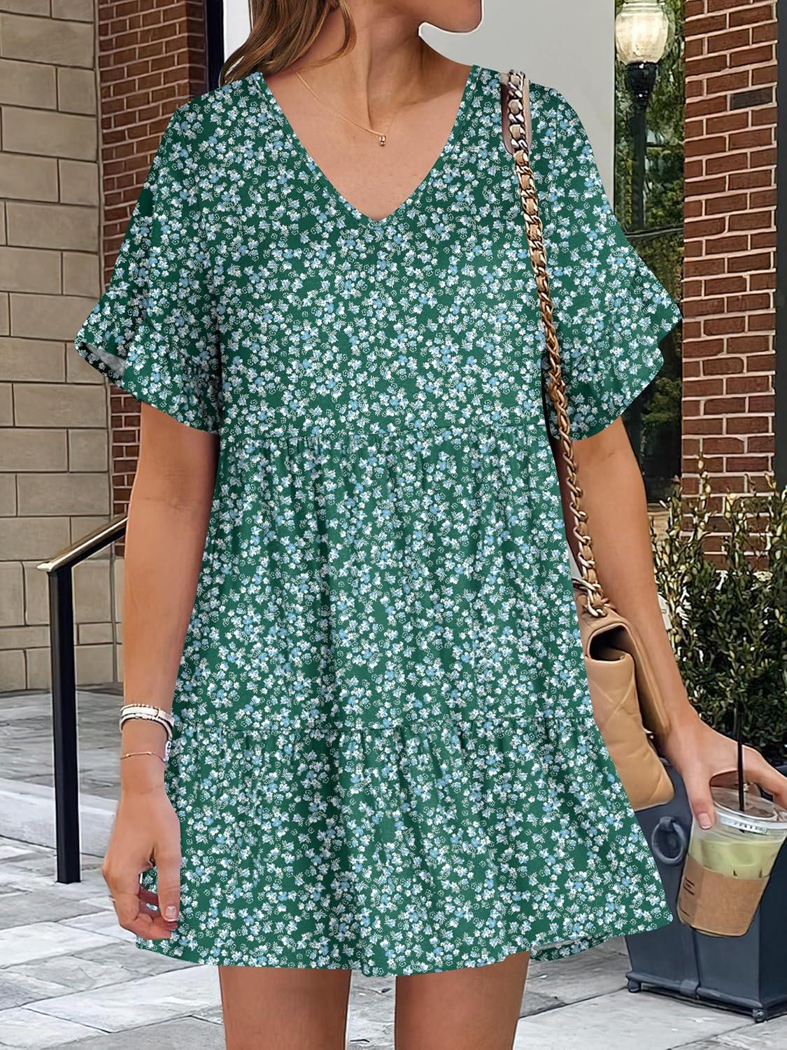 imageANRABESS Dresses for Women Summer 2025 V Neck Ruffle Sleeve A Line Tiered Flowy Casual Trendy Mini Beach Dress with PocketsGreen Blue Floral