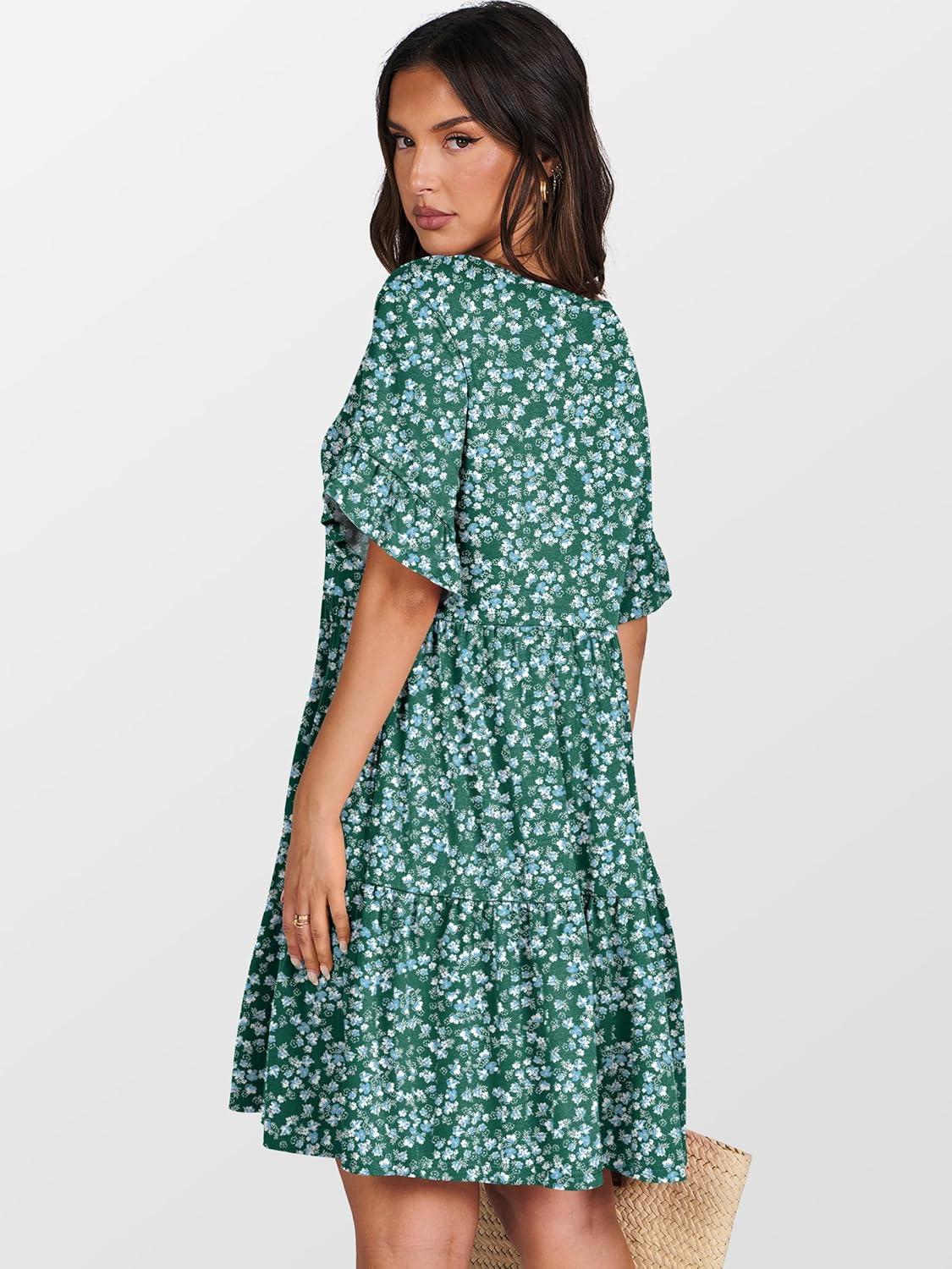 imageANRABESS Dresses for Women Summer 2025 V Neck Ruffle Sleeve A Line Tiered Flowy Casual Trendy Mini Beach Dress with PocketsGreen Blue Floral