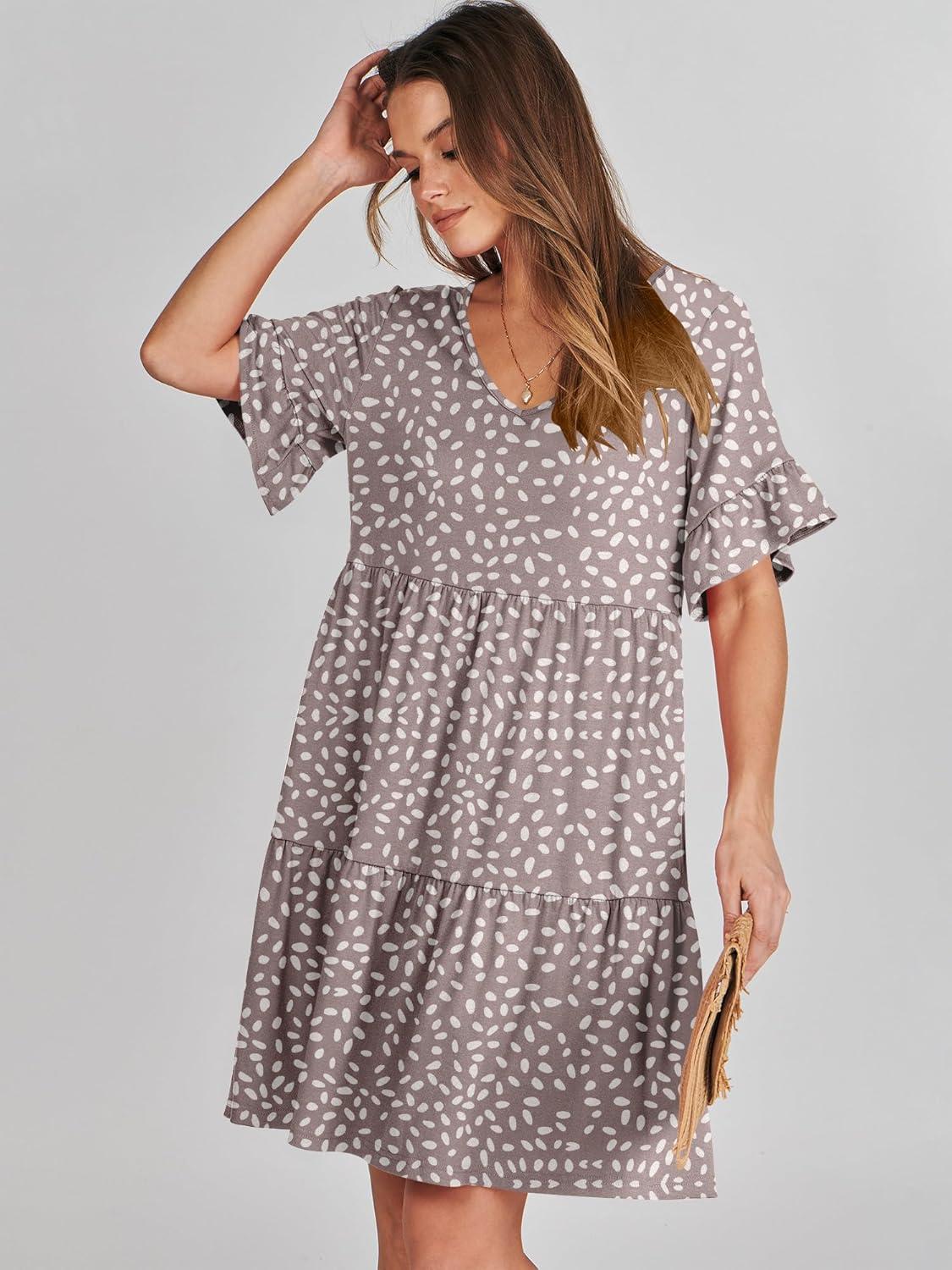 imageANRABESS Dresses for Women Summer 2025 V Neck Ruffle Sleeve A Line Tiered Flowy Casual Trendy Mini Beach Dress with PocketsKhaki Polka Dot Gray
