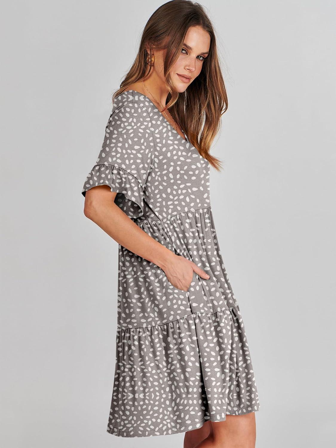 imageANRABESS Dresses for Women Summer 2025 V Neck Ruffle Sleeve A Line Tiered Flowy Casual Trendy Mini Beach Dress with PocketsKhaki Polka Dot Gray