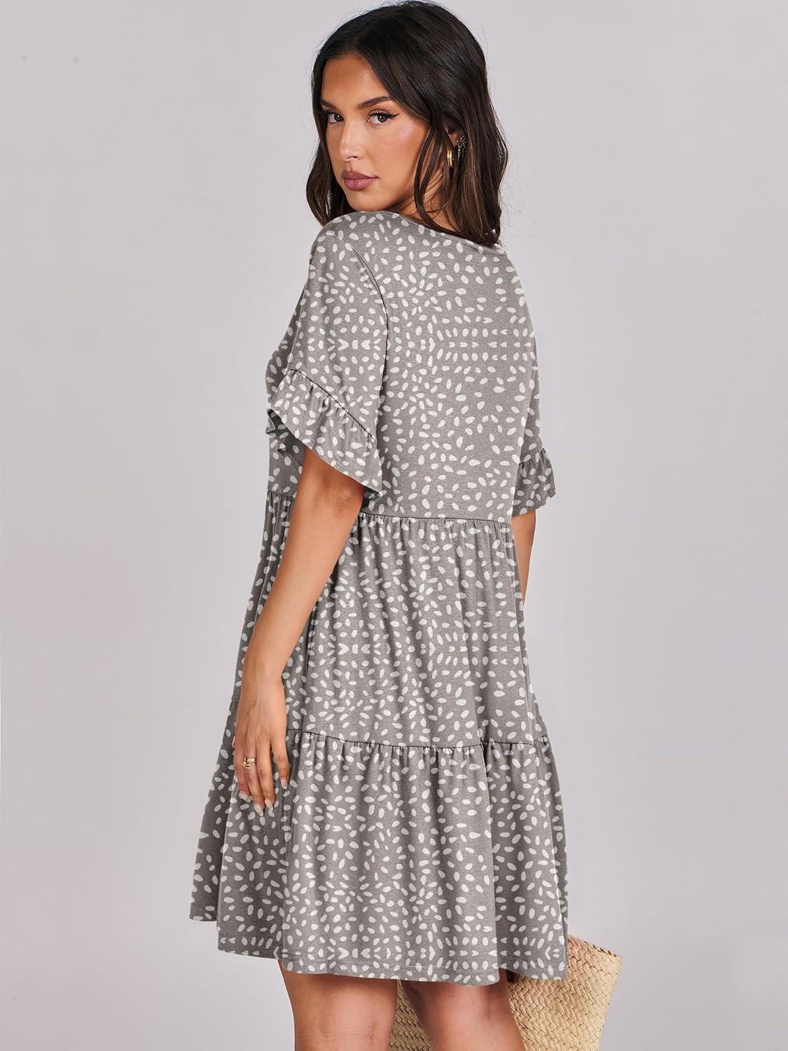 imageANRABESS Dresses for Women Summer 2025 V Neck Ruffle Sleeve A Line Tiered Flowy Casual Trendy Mini Beach Dress with PocketsKhaki Polka Dot Gray