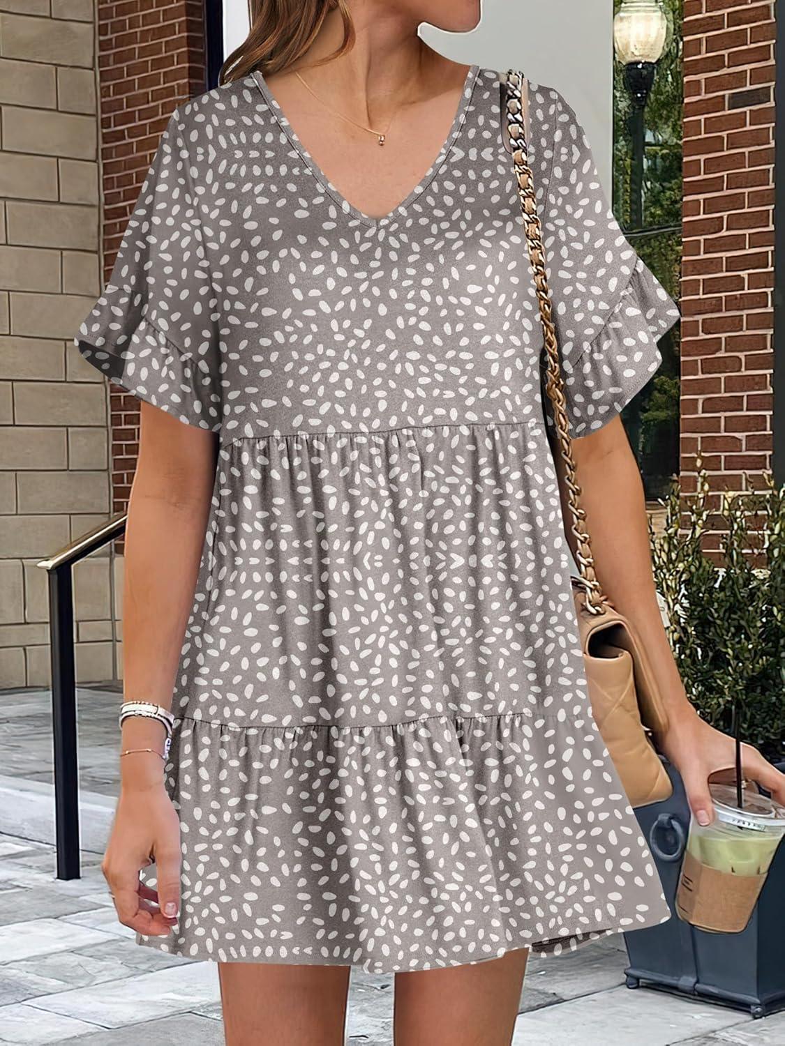 imageANRABESS Dresses for Women Summer 2025 V Neck Ruffle Sleeve A Line Tiered Flowy Casual Trendy Mini Beach Dress with PocketsKhaki Polka Dot Gray