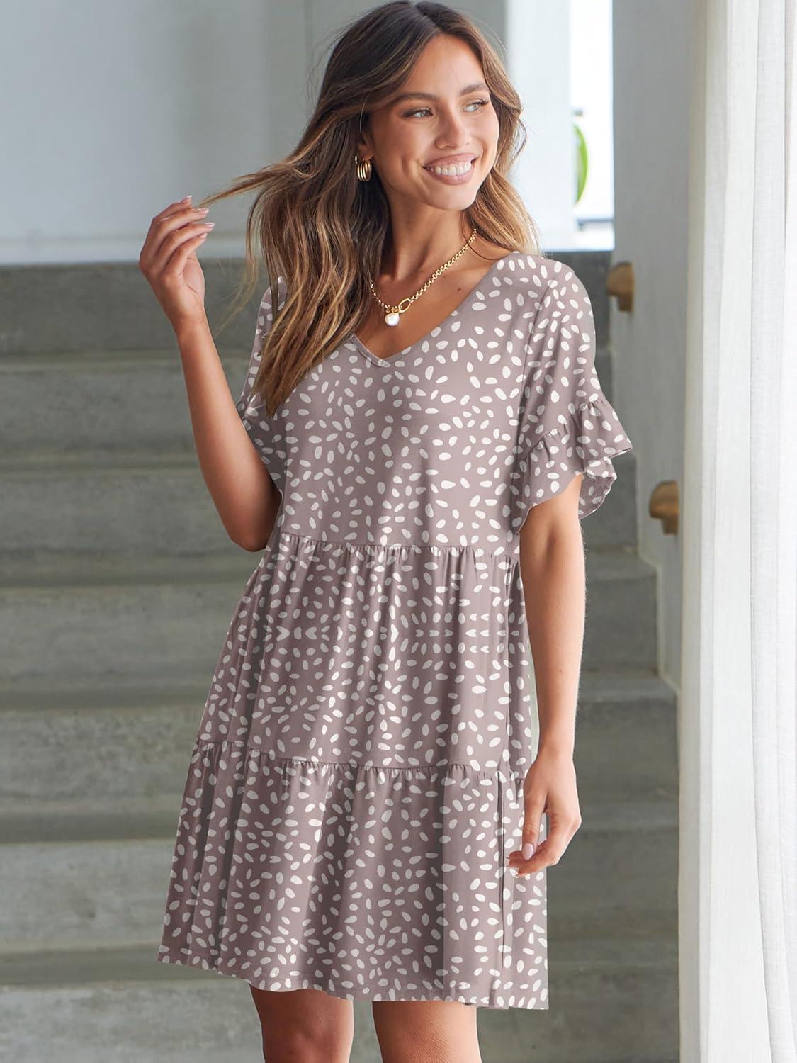 imageANRABESS Dresses for Women Summer 2025 V Neck Ruffle Sleeve A Line Tiered Flowy Casual Trendy Mini Beach Dress with PocketsKhaki Polka Dot Gray