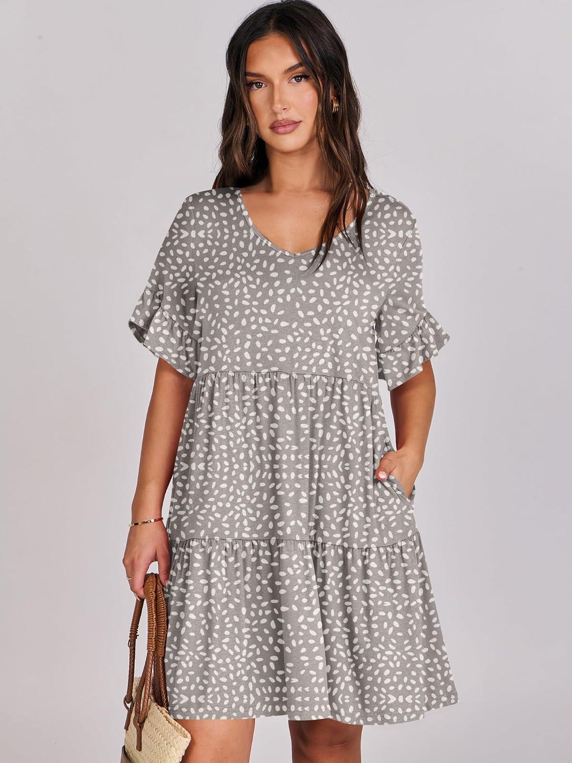 imageANRABESS Dresses for Women Summer 2025 V Neck Ruffle Sleeve A Line Tiered Flowy Casual Trendy Mini Beach Dress with PocketsKhaki Polka Dot Gray
