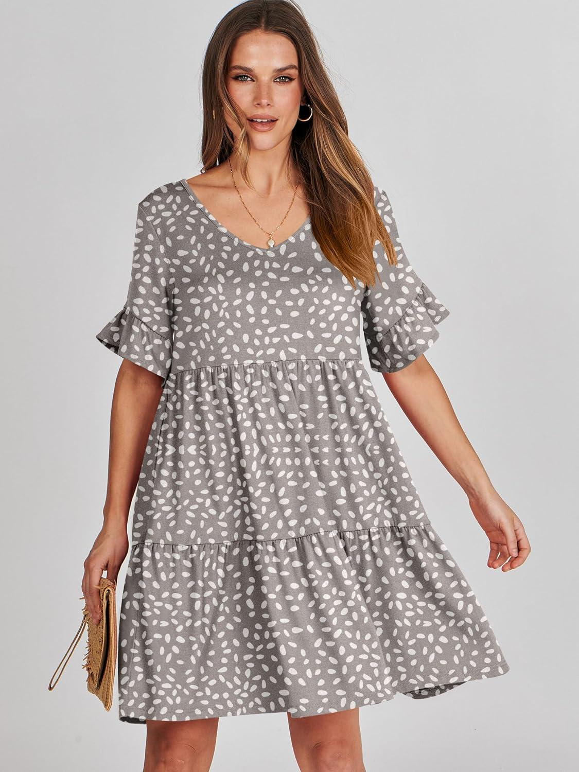 imageANRABESS Dresses for Women Summer 2025 V Neck Ruffle Sleeve A Line Tiered Flowy Casual Trendy Mini Beach Dress with PocketsKhaki Polka Dot Gray