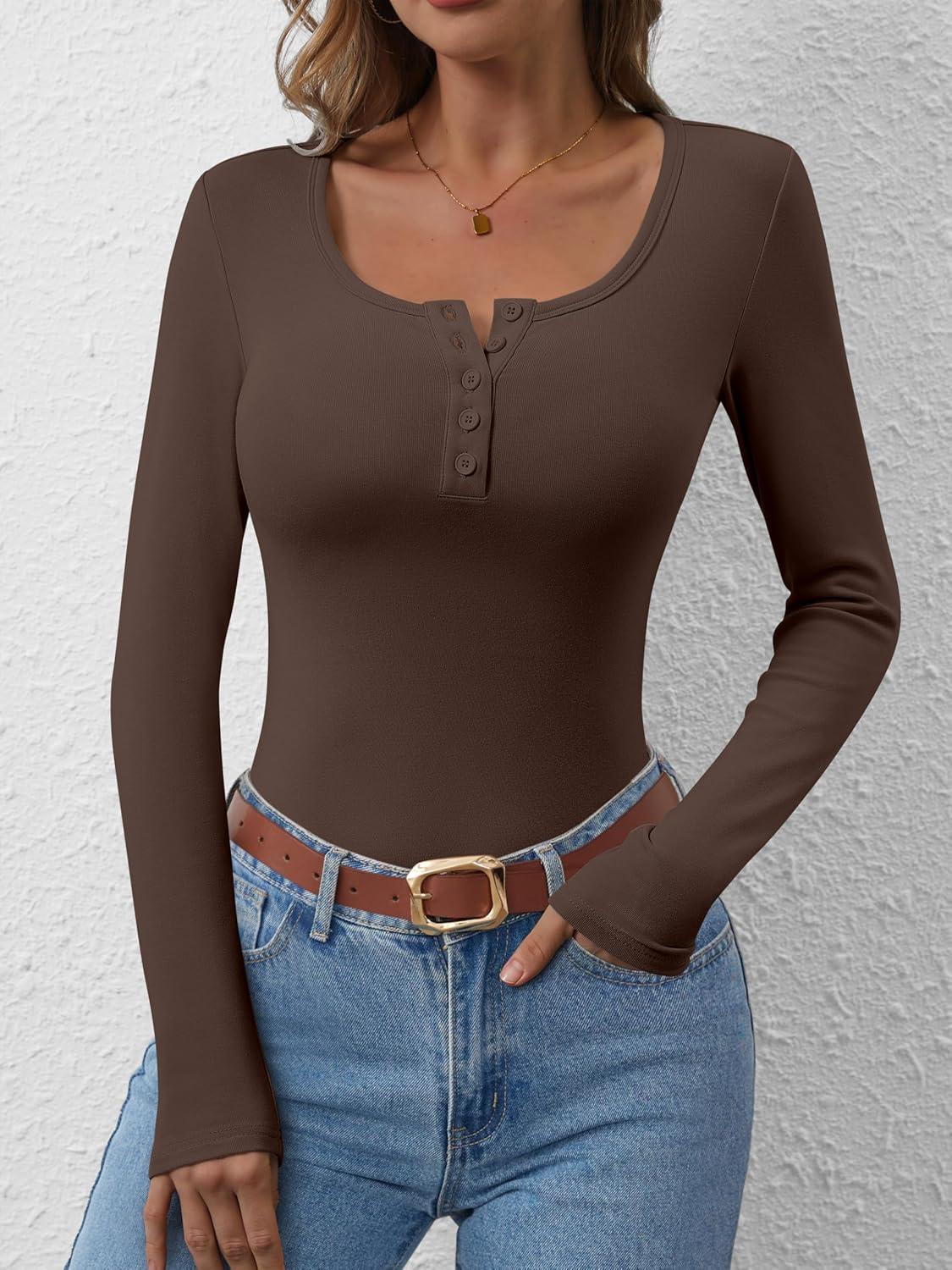 imageANRABESS Long Sleeve Henley Shirts for Women Thermal Fleece Tops Knit Fitted Basic TShirts 2025 Fall Winter Warm UndershirtsDark Brown