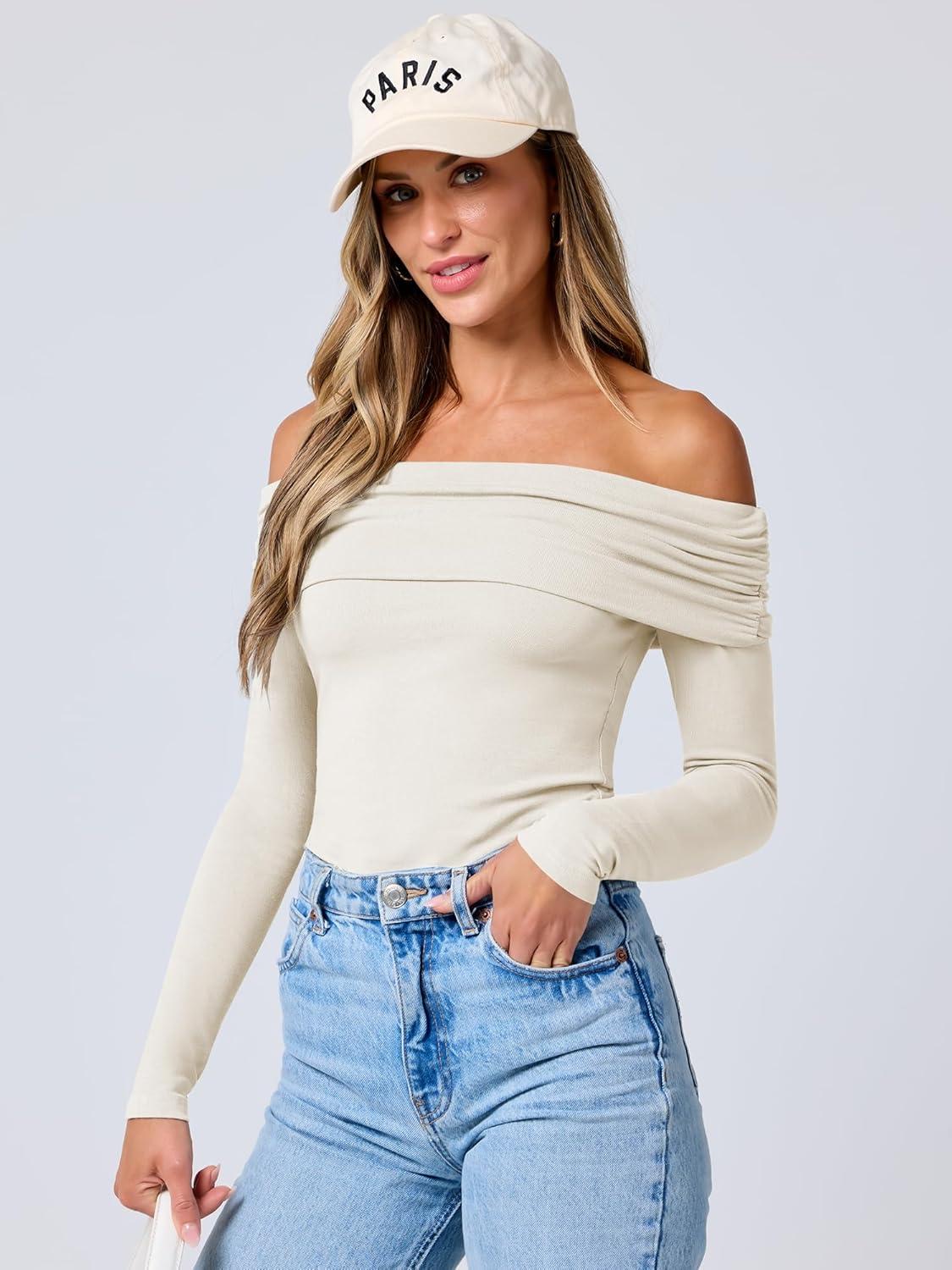 imageANRABESS Long Sleeve Shirt for Women 2025 Fall Off Shoulder Slim Fit Tee Top Sexy Going Out Ruched Blouses Y2K Trendy ClothesAlmond