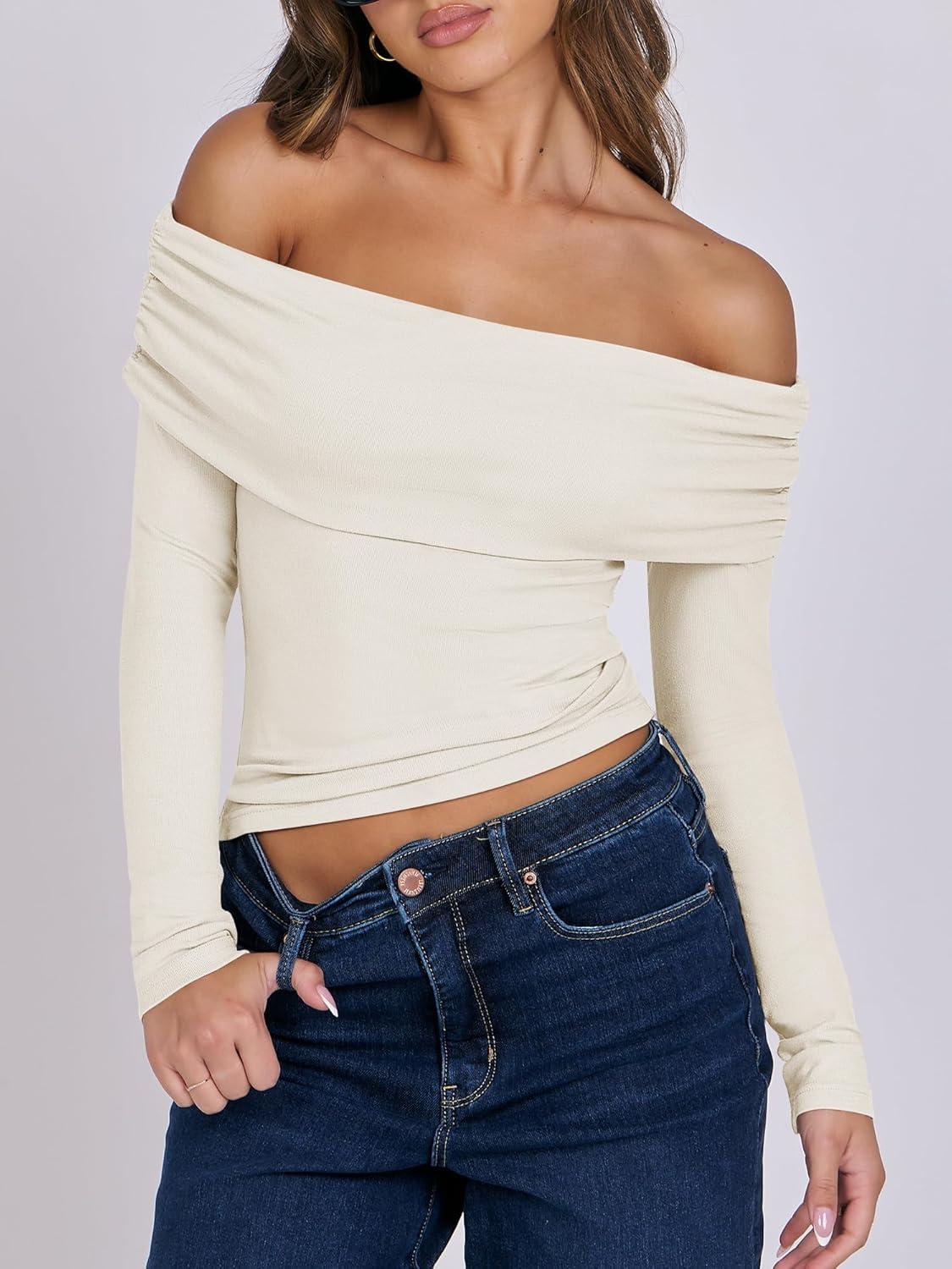 imageANRABESS Long Sleeve Shirt for Women 2025 Fall Off Shoulder Slim Fit Tee Top Sexy Going Out Ruched Blouses Y2K Trendy ClothesAlmond