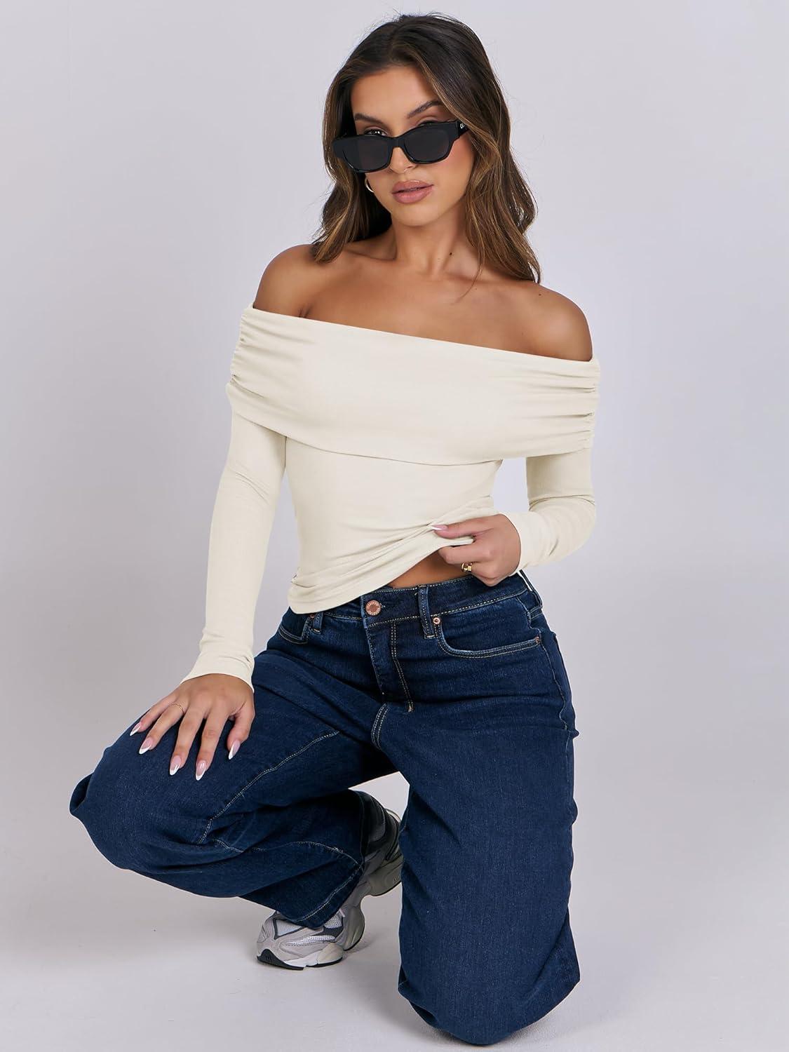 imageANRABESS Long Sleeve Shirt for Women 2025 Fall Off Shoulder Slim Fit Tee Top Sexy Going Out Ruched Blouses Y2K Trendy ClothesAlmond