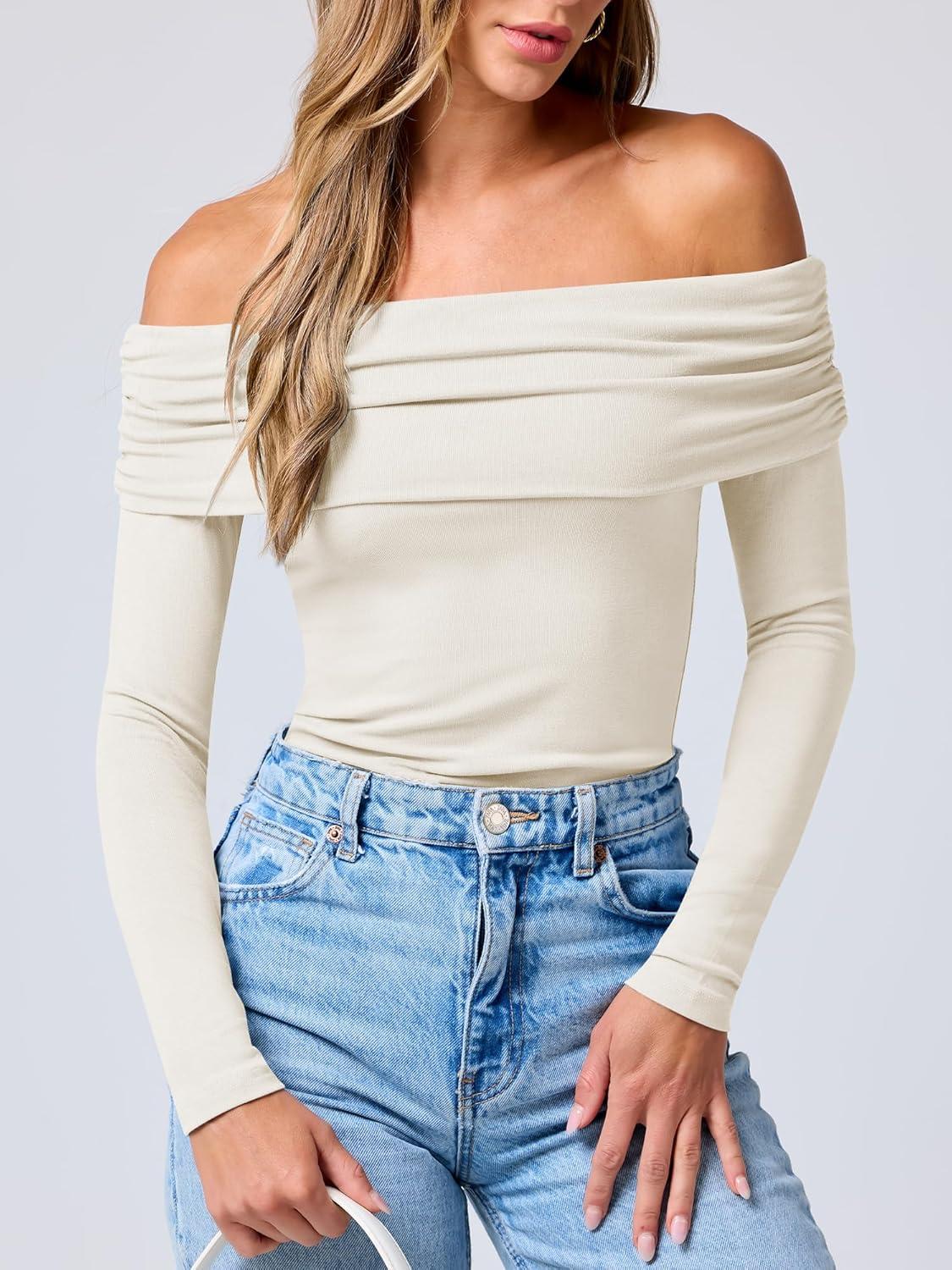 imageANRABESS Long Sleeve Shirt for Women 2025 Fall Off Shoulder Slim Fit Tee Top Sexy Going Out Ruched Blouses Y2K Trendy ClothesAlmond