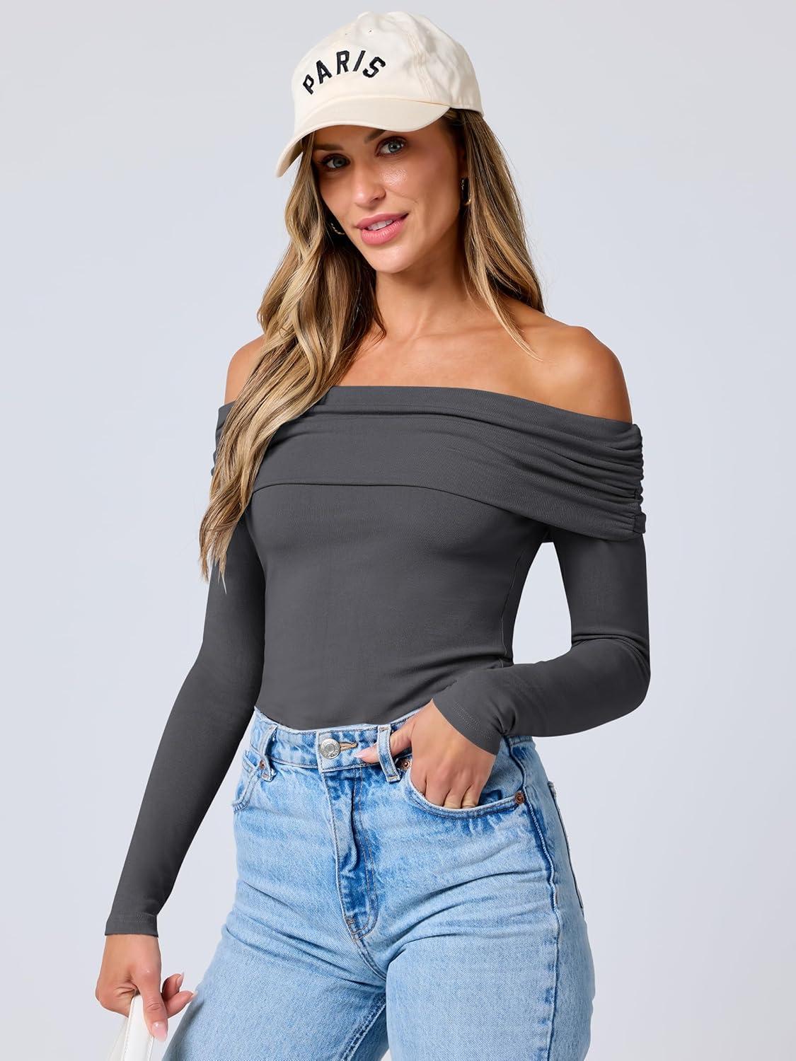 imageANRABESS Long Sleeve Shirt for Women 2025 Fall Off Shoulder Slim Fit Tee Top Sexy Going Out Ruched Blouses Y2K Trendy ClothesDark Grey