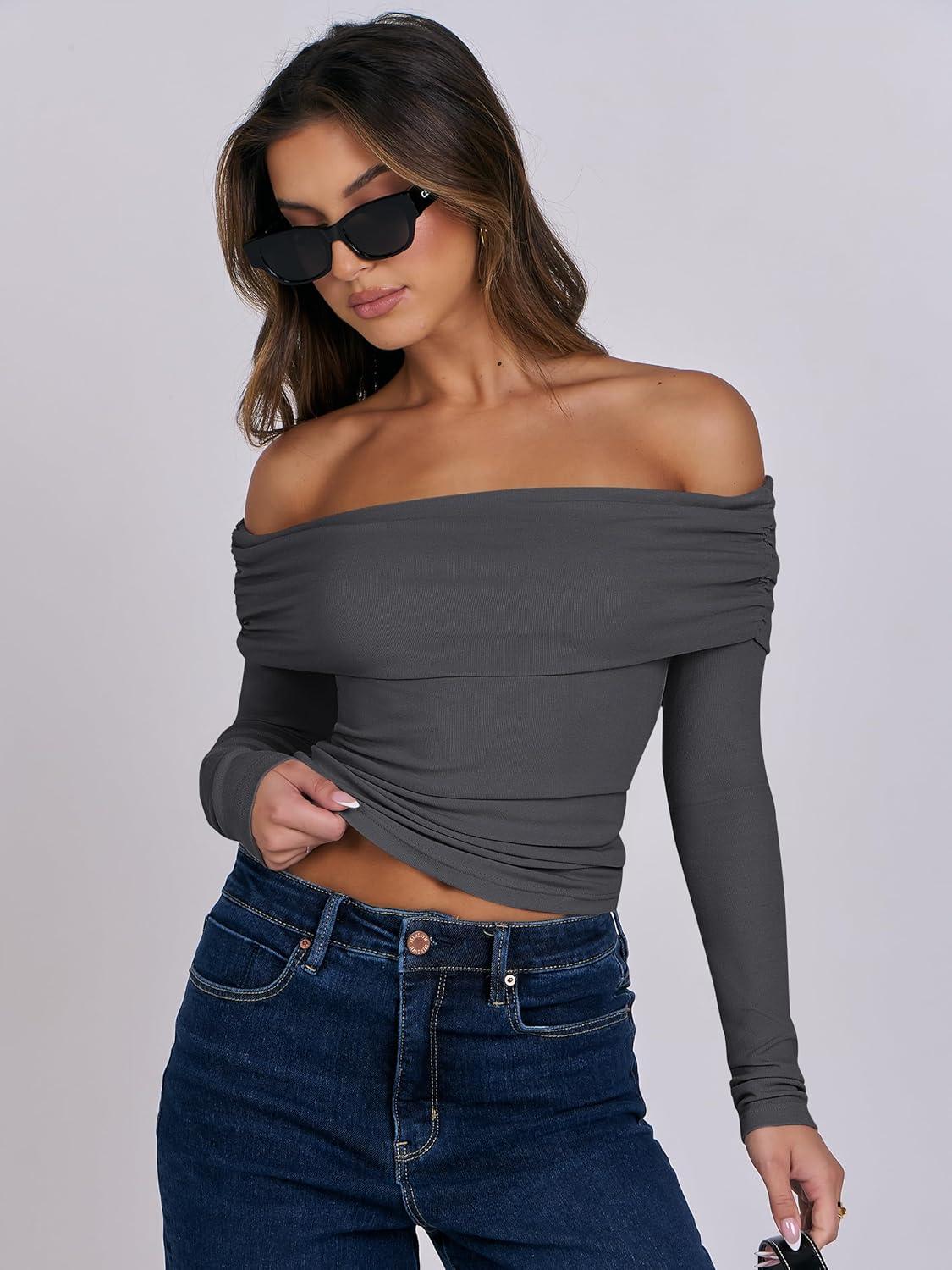 imageANRABESS Long Sleeve Shirt for Women 2025 Fall Off Shoulder Slim Fit Tee Top Sexy Going Out Ruched Blouses Y2K Trendy ClothesDark Grey