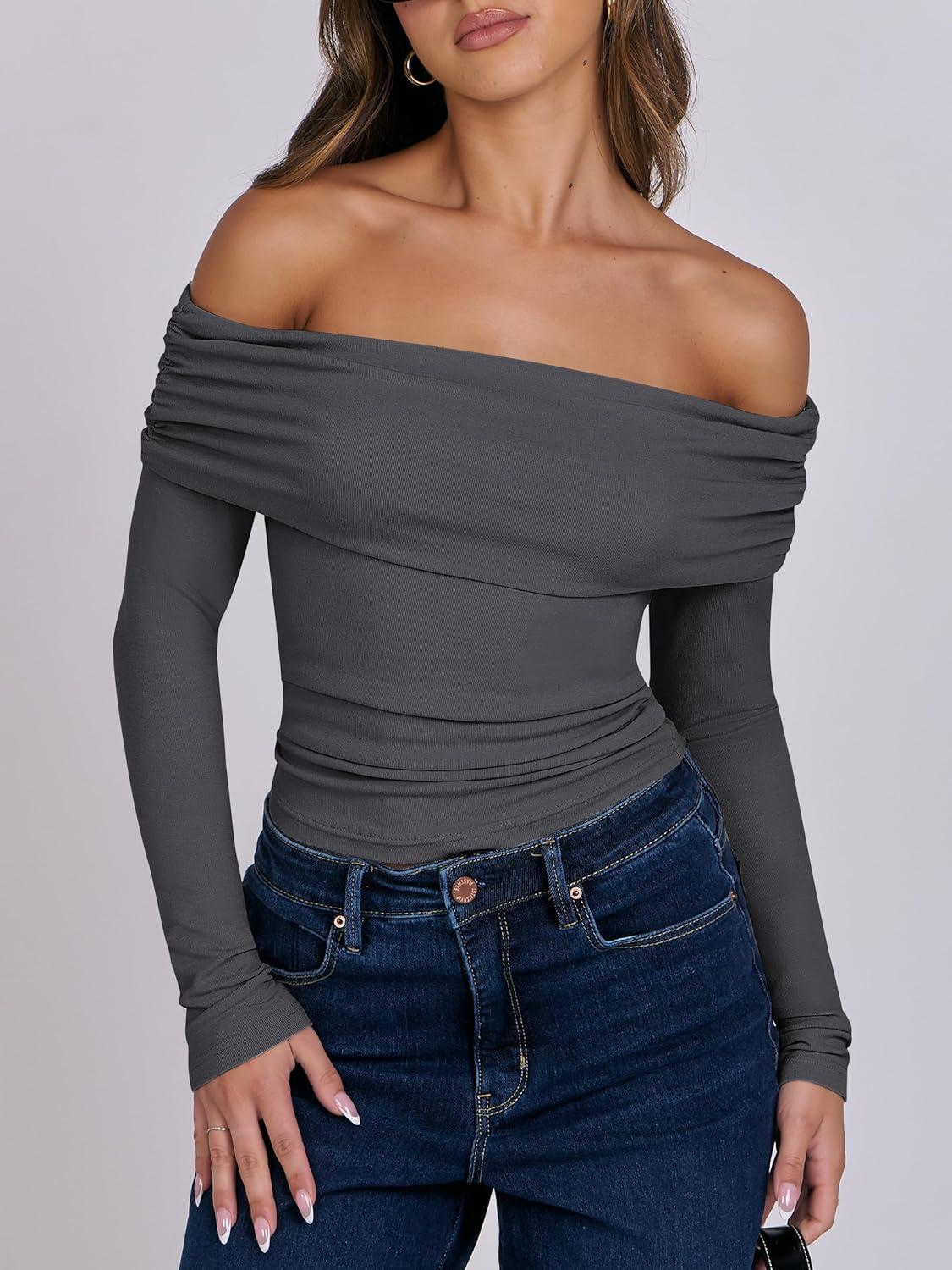 imageANRABESS Long Sleeve Shirt for Women 2025 Fall Off Shoulder Slim Fit Tee Top Sexy Going Out Ruched Blouses Y2K Trendy ClothesDark Grey