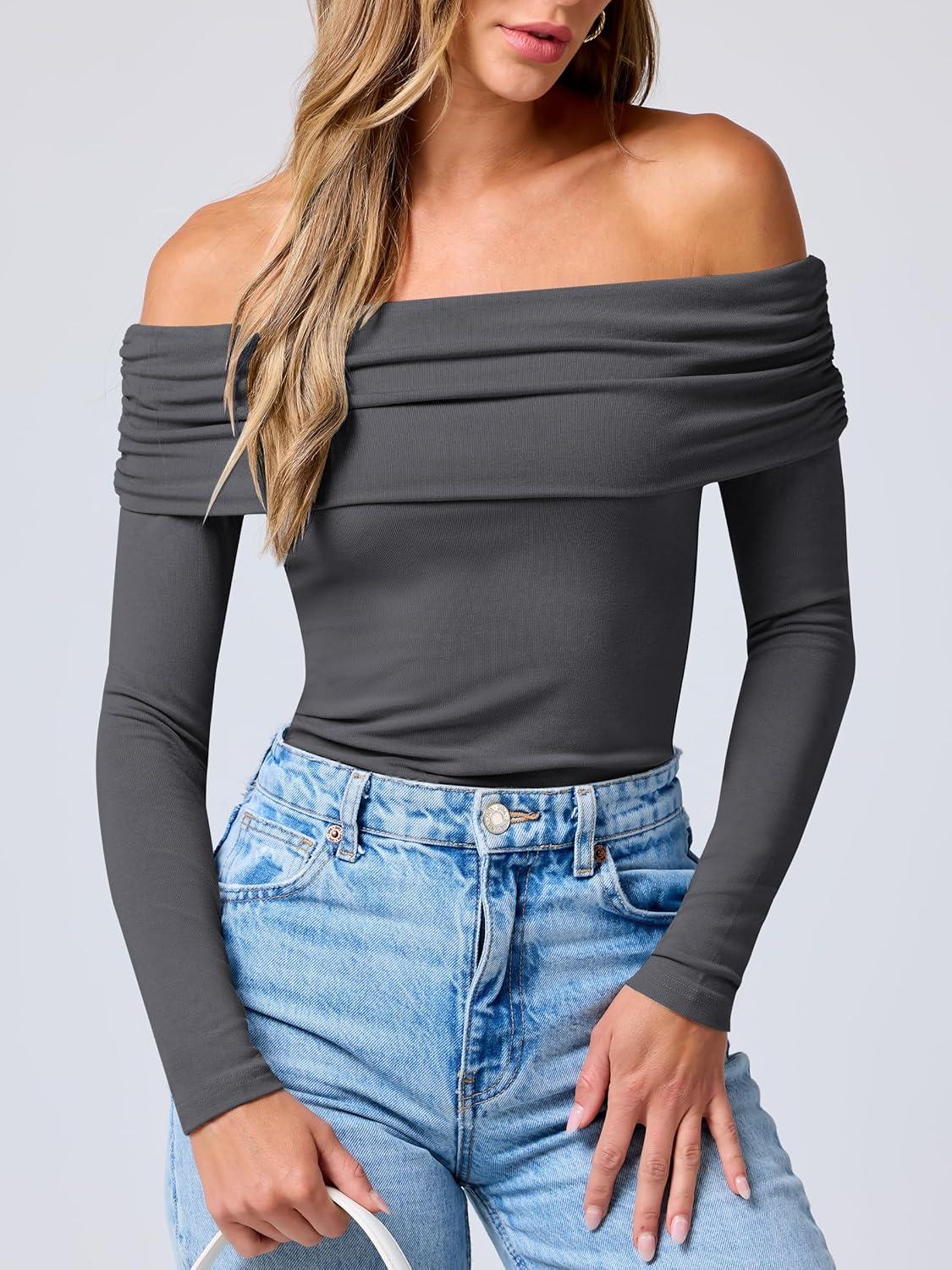 imageANRABESS Long Sleeve Shirt for Women 2025 Fall Off Shoulder Slim Fit Tee Top Sexy Going Out Ruched Blouses Y2K Trendy ClothesDark Grey