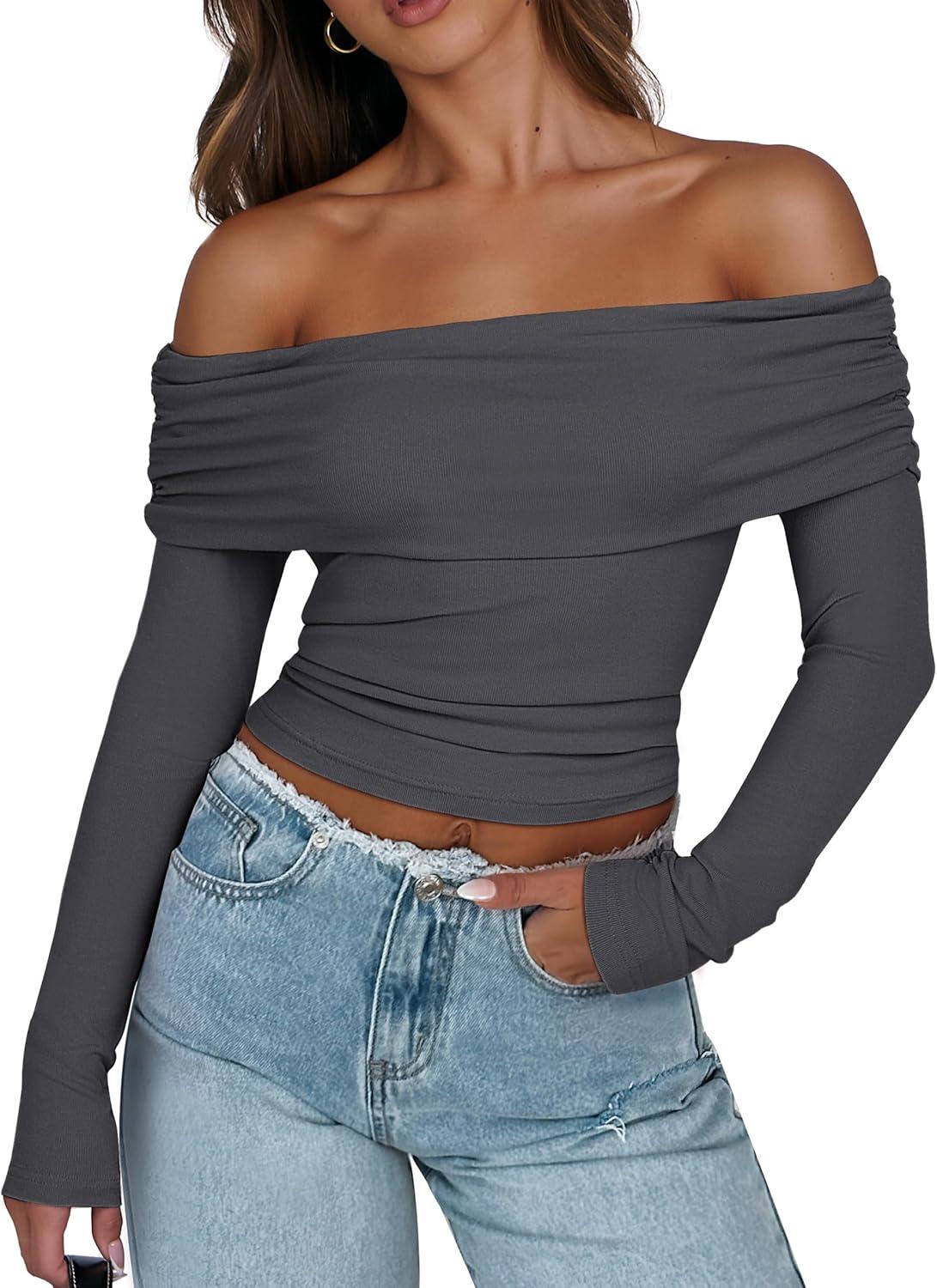 imageANRABESS Long Sleeve Shirt for Women 2025 Fall Off Shoulder Slim Fit Tee Top Sexy Going Out Ruched Blouses Y2K Trendy ClothesDark Grey