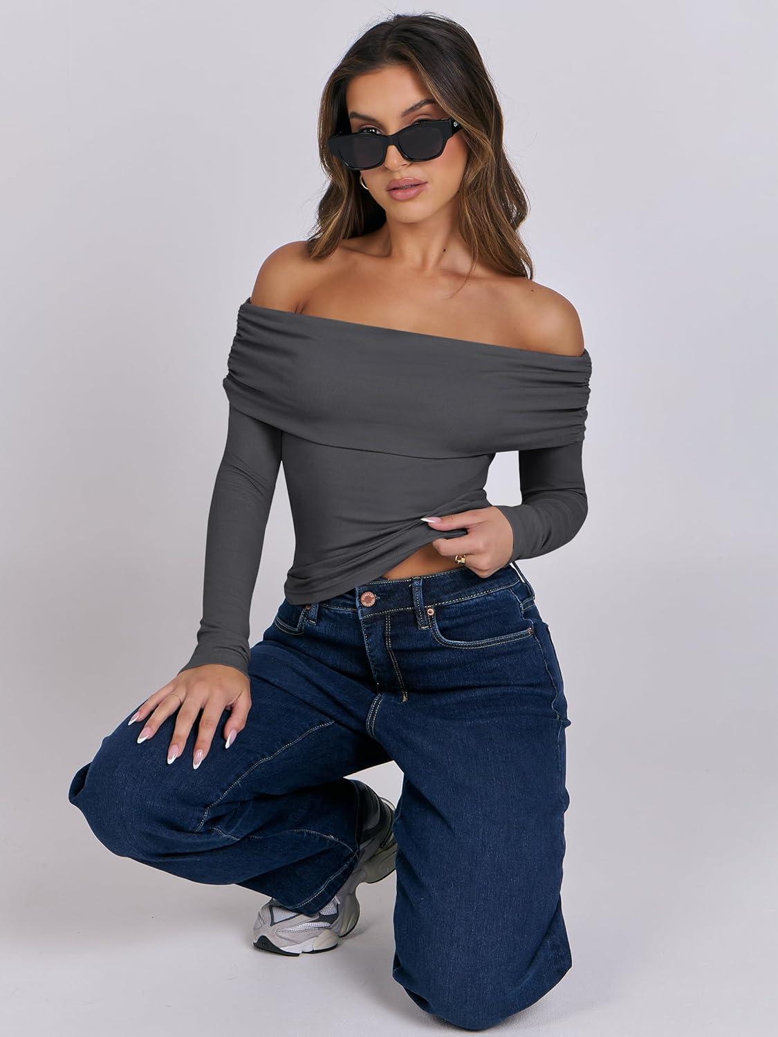 imageANRABESS Long Sleeve Shirt for Women 2025 Fall Off Shoulder Slim Fit Tee Top Sexy Going Out Ruched Blouses Y2K Trendy ClothesDark Grey
