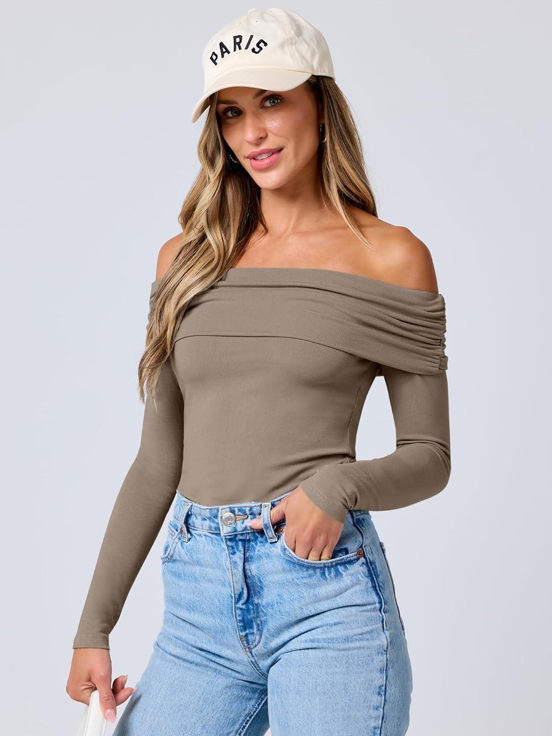 imageANRABESS Long Sleeve Shirt for Women 2025 Fall Off Shoulder Slim Fit Tee Top Sexy Going Out Ruched Blouses Y2K Trendy ClothesDark Khaki