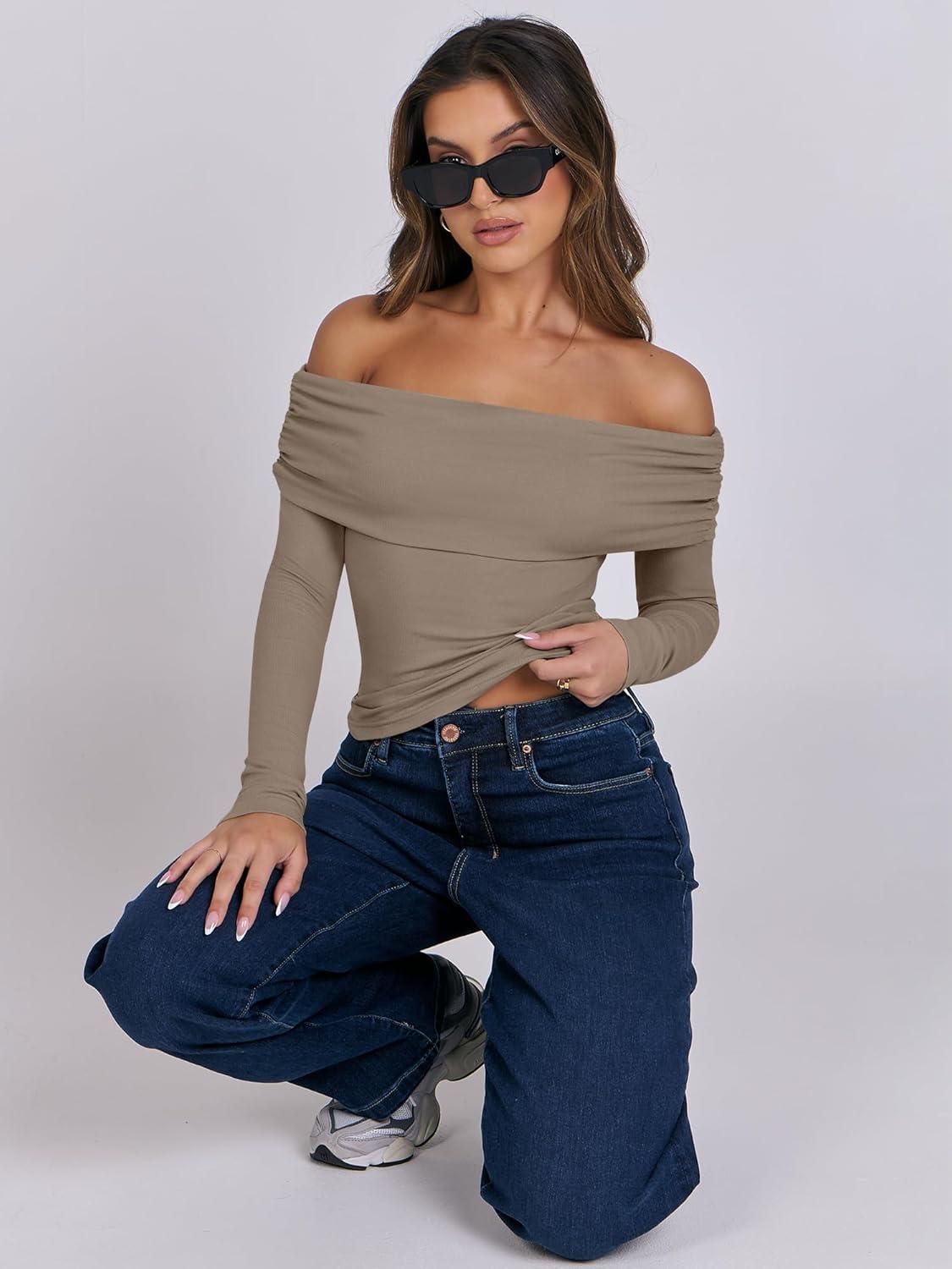 imageANRABESS Long Sleeve Shirt for Women 2025 Fall Off Shoulder Slim Fit Tee Top Sexy Going Out Ruched Blouses Y2K Trendy ClothesDark Khaki