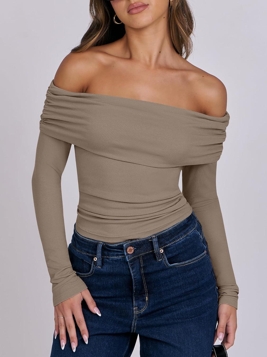 imageANRABESS Long Sleeve Shirt for Women 2025 Fall Off Shoulder Slim Fit Tee Top Sexy Going Out Ruched Blouses Y2K Trendy ClothesDark Khaki