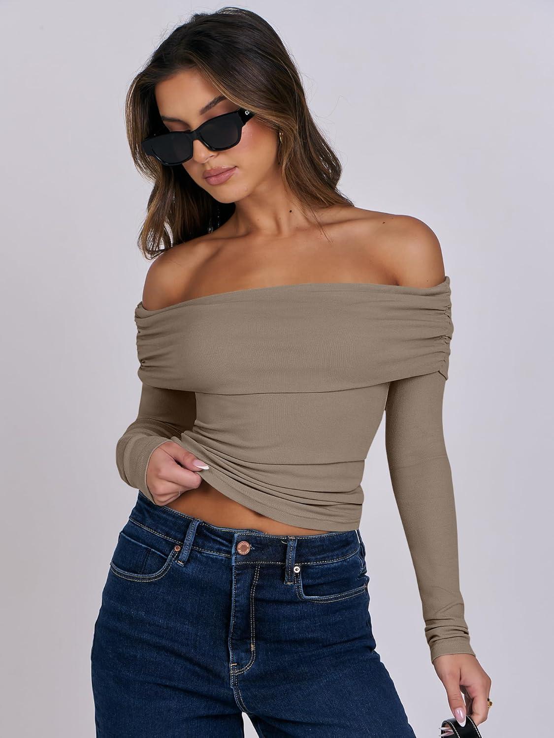 imageANRABESS Long Sleeve Shirt for Women 2025 Fall Off Shoulder Slim Fit Tee Top Sexy Going Out Ruched Blouses Y2K Trendy ClothesDark Khaki