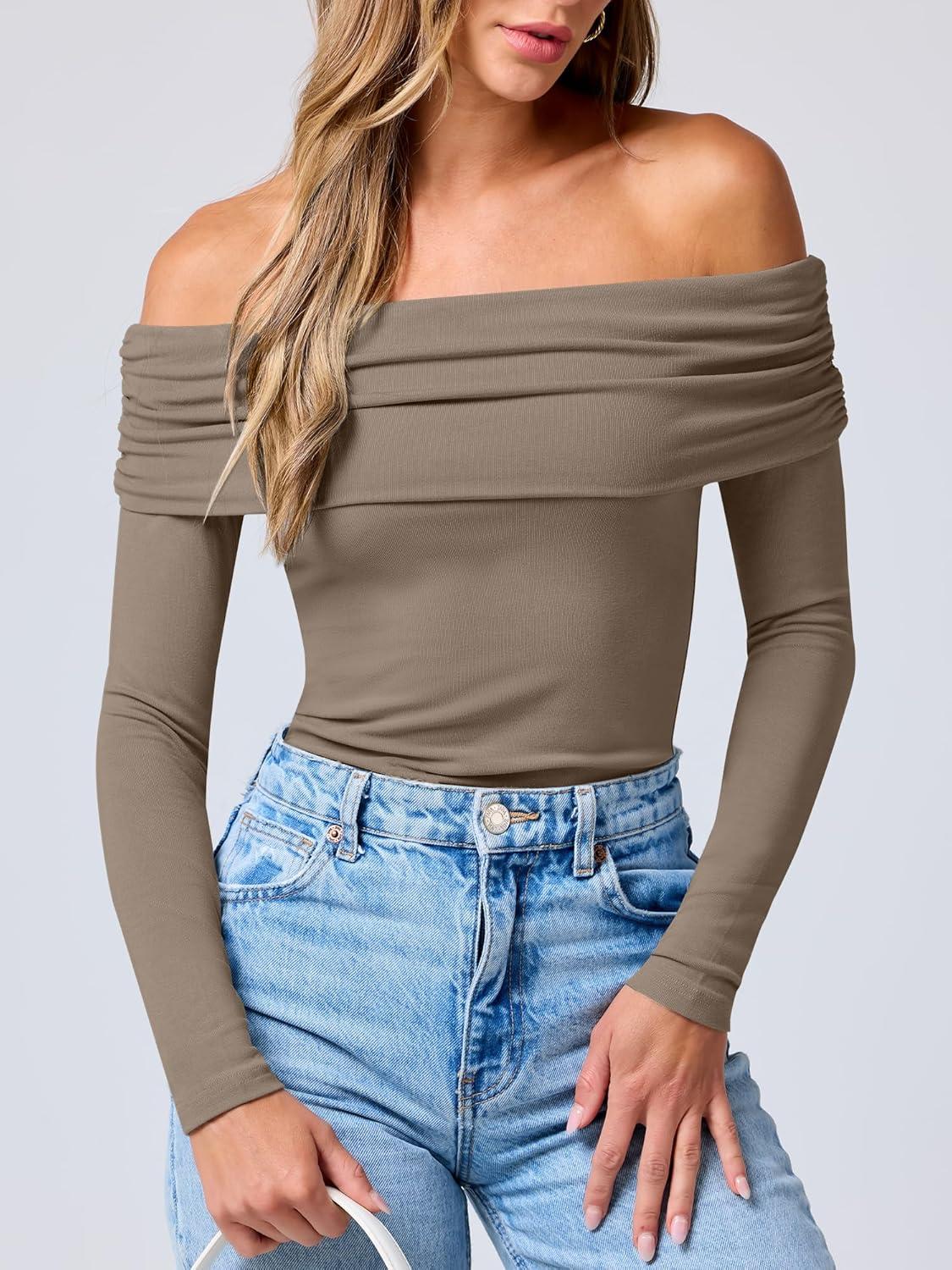 imageANRABESS Long Sleeve Shirt for Women 2025 Fall Off Shoulder Slim Fit Tee Top Sexy Going Out Ruched Blouses Y2K Trendy ClothesDark Khaki