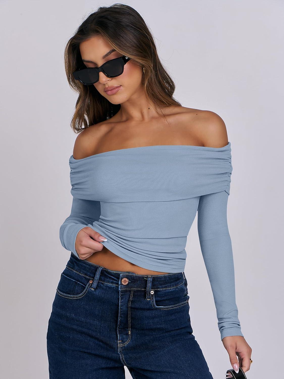 imageANRABESS Long Sleeve Shirt for Women 2025 Fall Off Shoulder Slim Fit Tee Top Sexy Going Out Ruched Blouses Y2K Trendy ClothesGrey Blue