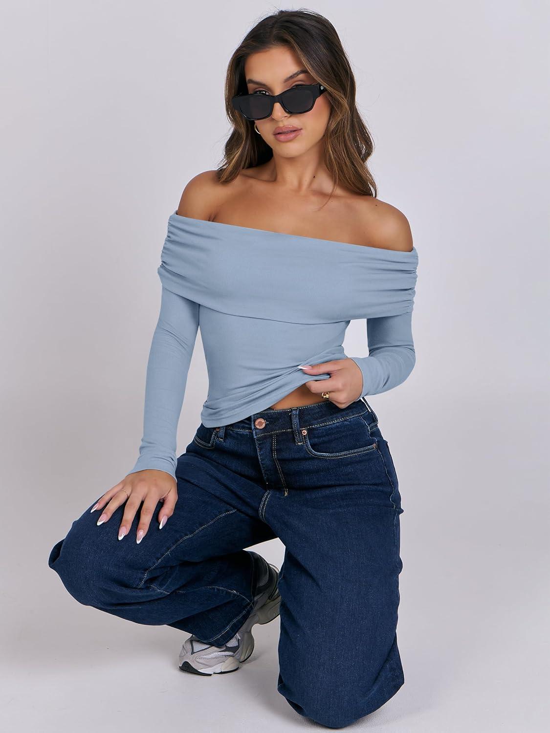 imageANRABESS Long Sleeve Shirt for Women 2025 Fall Off Shoulder Slim Fit Tee Top Sexy Going Out Ruched Blouses Y2K Trendy ClothesGrey Blue
