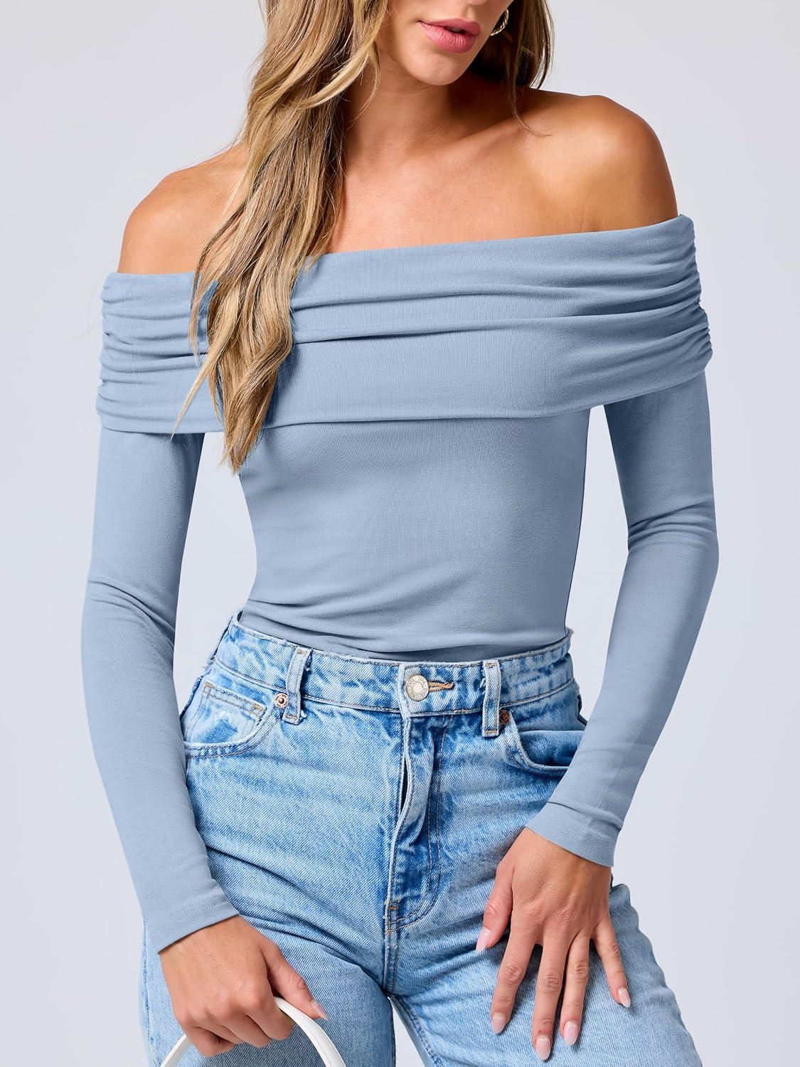 imageANRABESS Long Sleeve Shirt for Women 2025 Fall Off Shoulder Slim Fit Tee Top Sexy Going Out Ruched Blouses Y2K Trendy ClothesGrey Blue