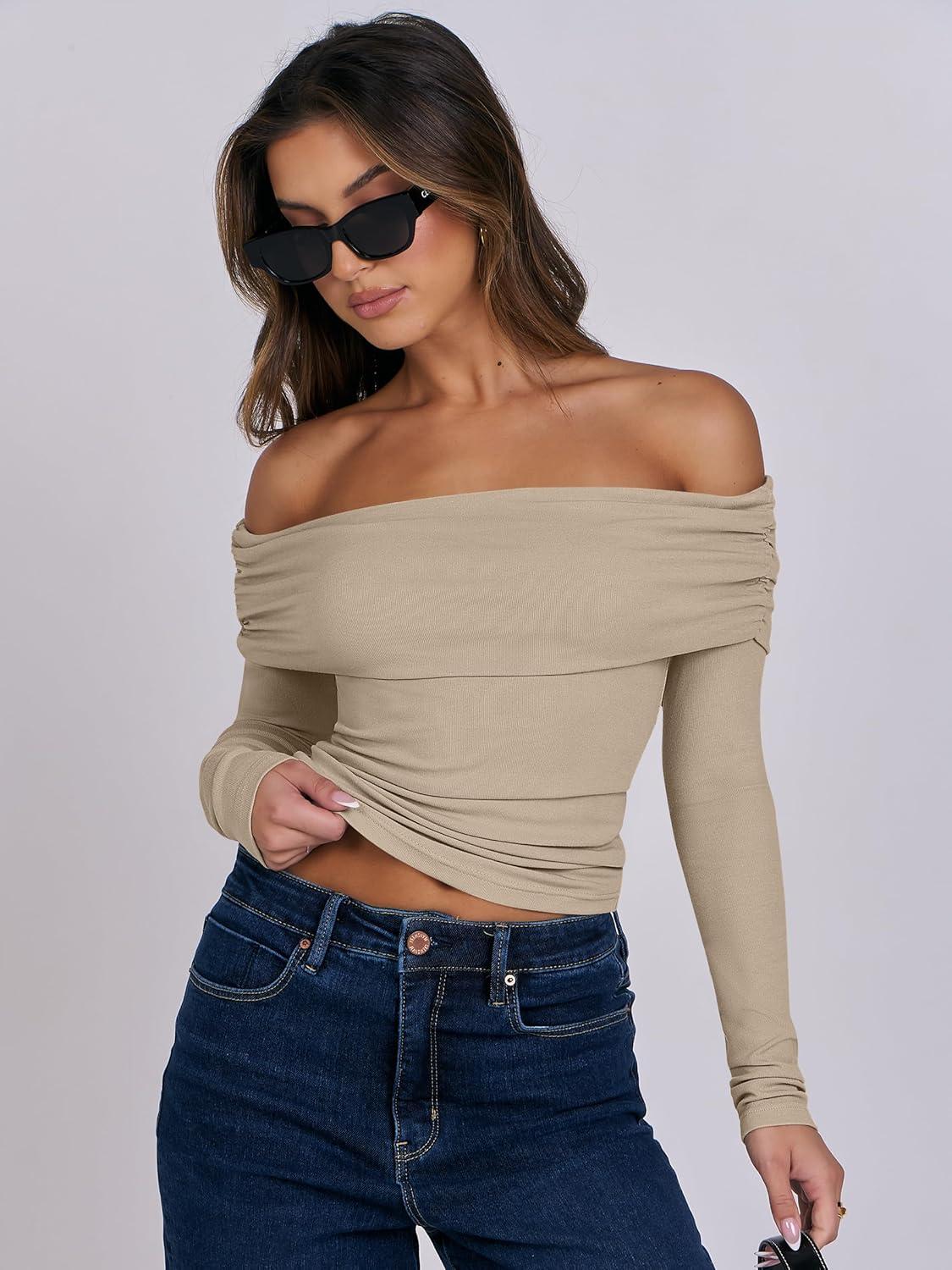 imageANRABESS Long Sleeve Shirt for Women 2025 Fall Off Shoulder Slim Fit Tee Top Sexy Going Out Ruched Blouses Y2K Trendy ClothesKhaki
