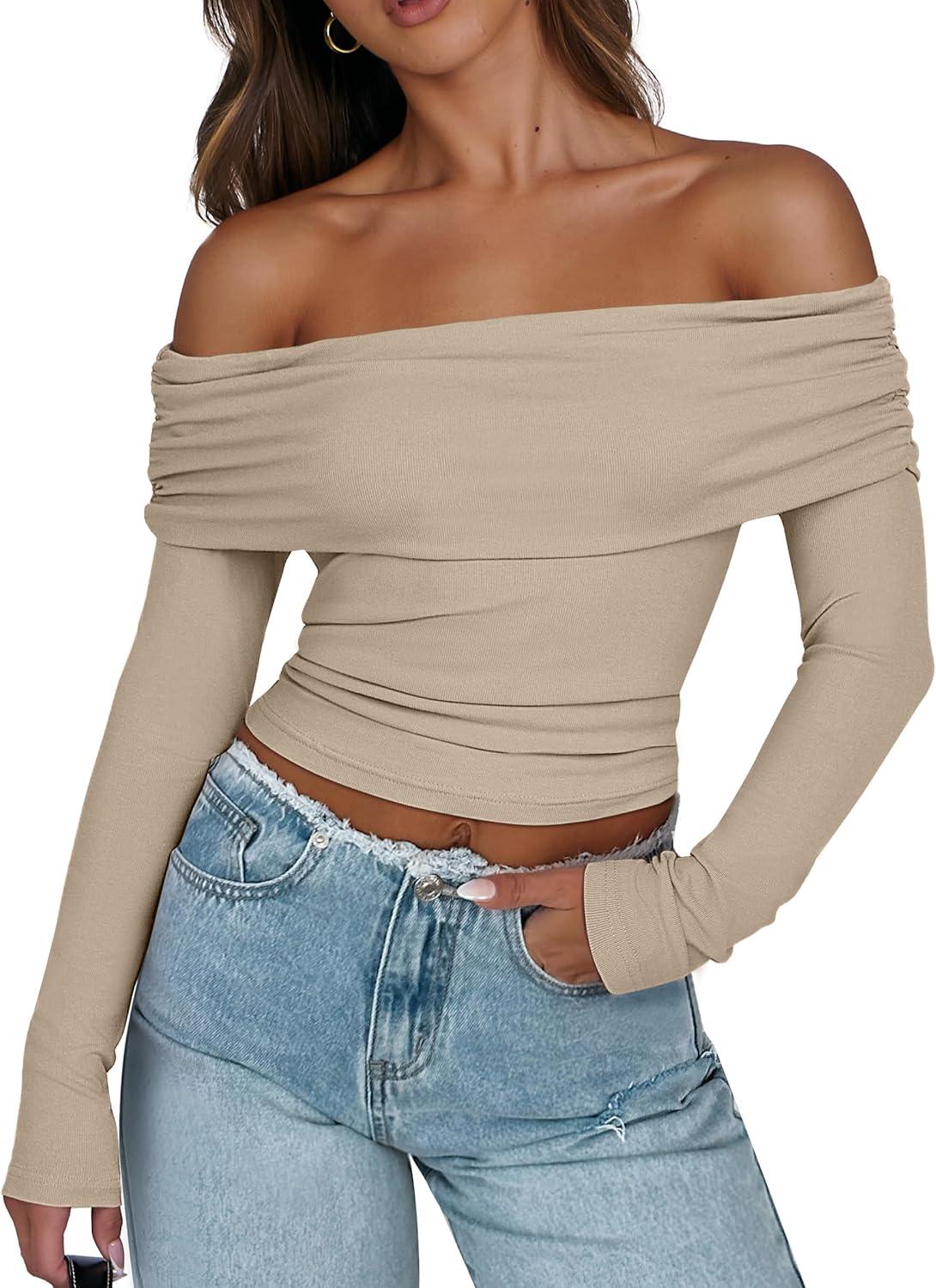 imageANRABESS Long Sleeve Shirt for Women 2025 Fall Off Shoulder Slim Fit Tee Top Sexy Going Out Ruched Blouses Y2K Trendy ClothesKhaki