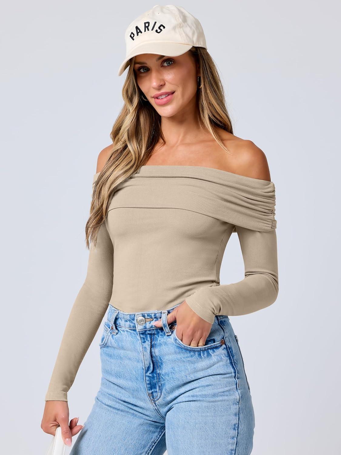imageANRABESS Long Sleeve Shirt for Women 2025 Fall Off Shoulder Slim Fit Tee Top Sexy Going Out Ruched Blouses Y2K Trendy ClothesKhaki