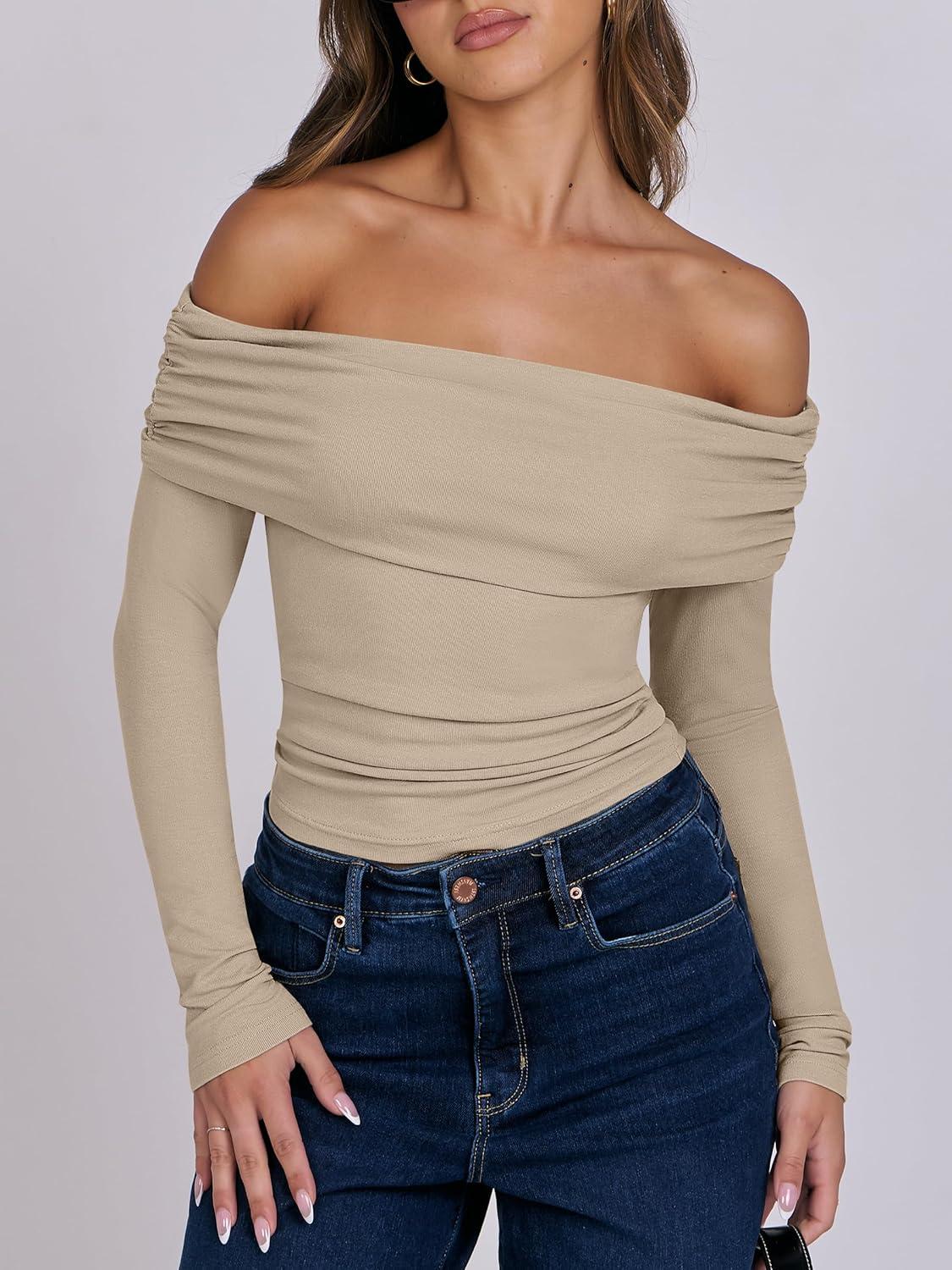 imageANRABESS Long Sleeve Shirt for Women 2025 Fall Off Shoulder Slim Fit Tee Top Sexy Going Out Ruched Blouses Y2K Trendy ClothesKhaki