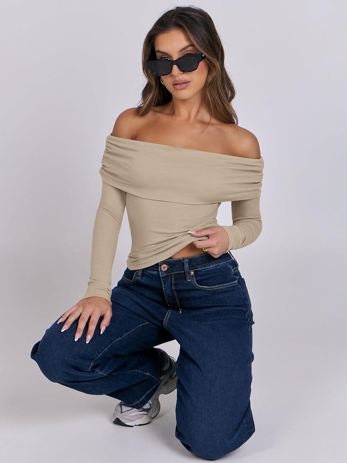 imageANRABESS Long Sleeve Shirt for Women 2025 Fall Off Shoulder Slim Fit Tee Top Sexy Going Out Ruched Blouses Y2K Trendy ClothesKhaki