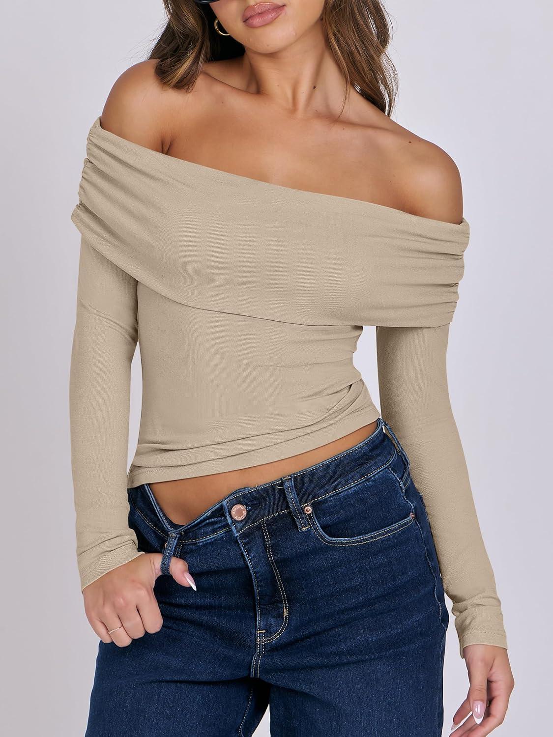 imageANRABESS Long Sleeve Shirt for Women 2025 Fall Off Shoulder Slim Fit Tee Top Sexy Going Out Ruched Blouses Y2K Trendy ClothesKhaki