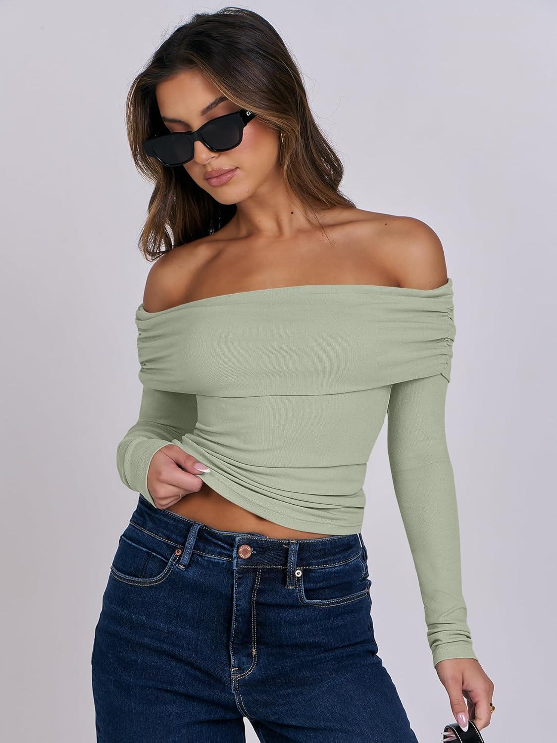 imageANRABESS Long Sleeve Shirt for Women 2025 Fall Off Shoulder Slim Fit Tee Top Sexy Going Out Ruched Blouses Y2K Trendy ClothesLight Green