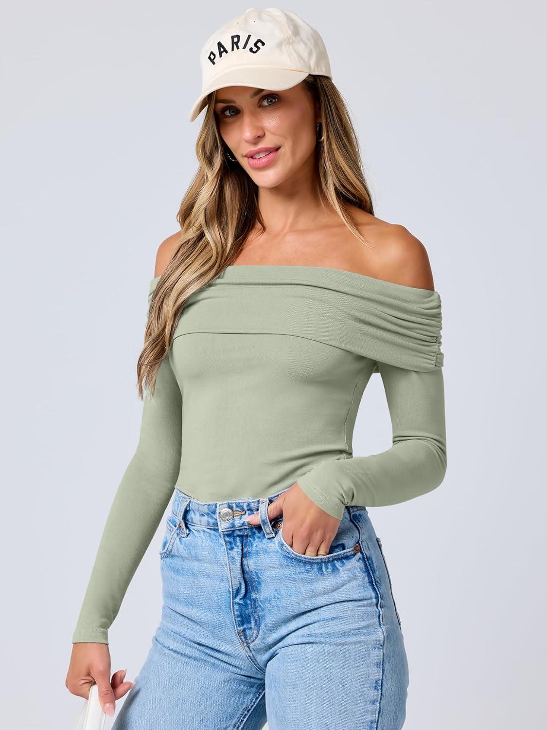 imageANRABESS Long Sleeve Shirt for Women 2025 Fall Off Shoulder Slim Fit Tee Top Sexy Going Out Ruched Blouses Y2K Trendy ClothesLight Green