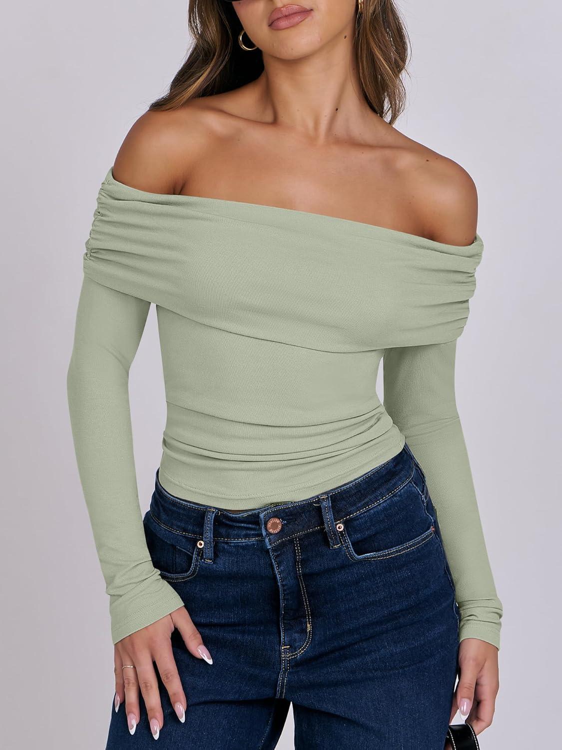 imageANRABESS Long Sleeve Shirt for Women 2025 Fall Off Shoulder Slim Fit Tee Top Sexy Going Out Ruched Blouses Y2K Trendy ClothesLight Green