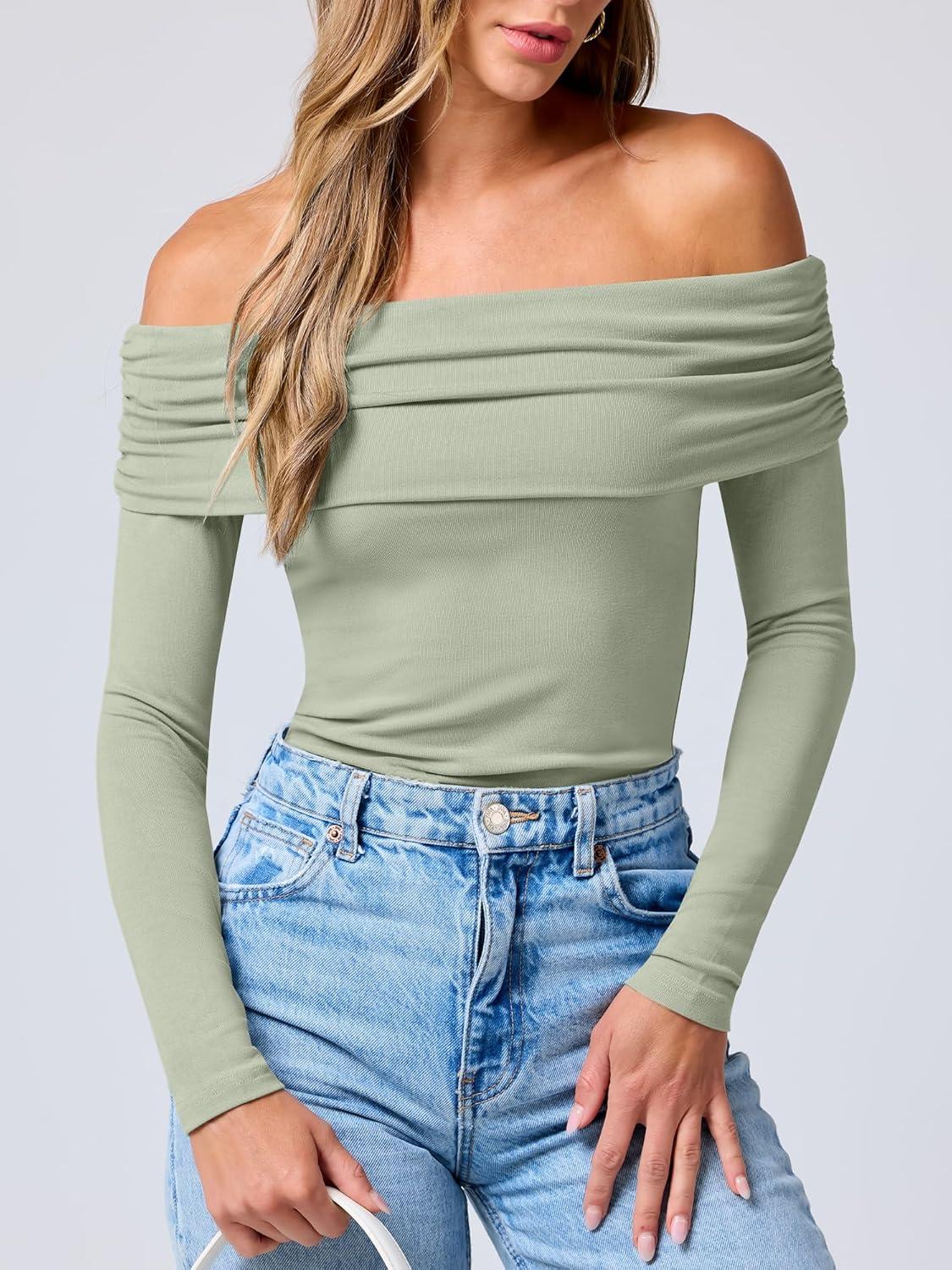 imageANRABESS Long Sleeve Shirt for Women 2025 Fall Off Shoulder Slim Fit Tee Top Sexy Going Out Ruched Blouses Y2K Trendy ClothesLight Green