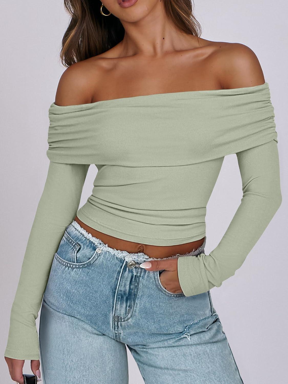 imageANRABESS Long Sleeve Shirt for Women 2025 Fall Off Shoulder Slim Fit Tee Top Sexy Going Out Ruched Blouses Y2K Trendy ClothesLight Green