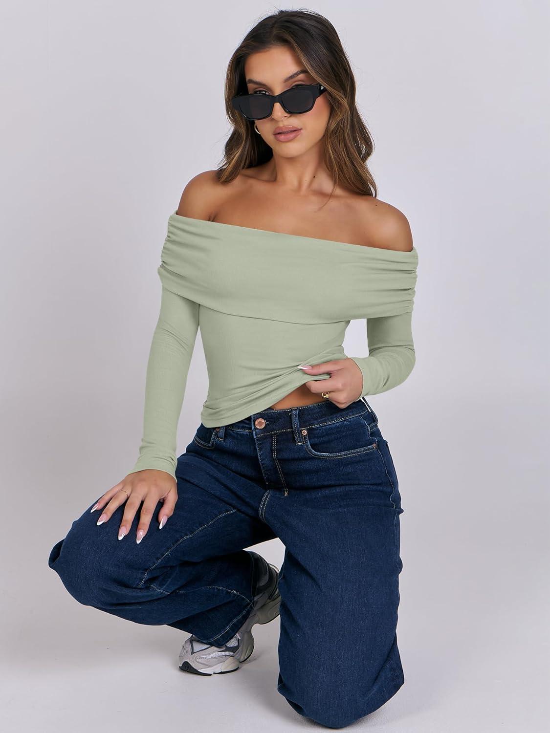 imageANRABESS Long Sleeve Shirt for Women 2025 Fall Off Shoulder Slim Fit Tee Top Sexy Going Out Ruched Blouses Y2K Trendy ClothesLight Green