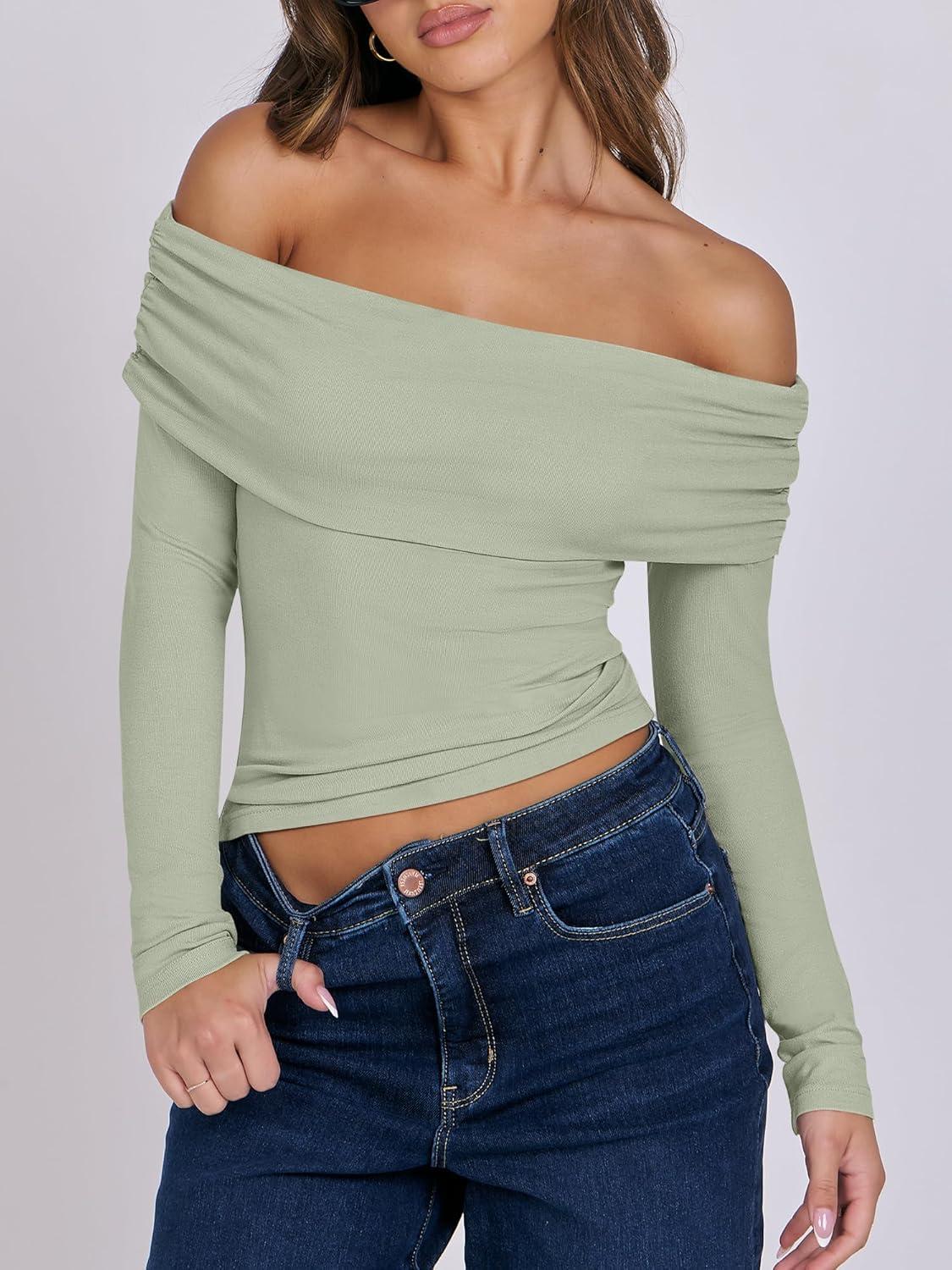 imageANRABESS Long Sleeve Shirt for Women 2025 Fall Off Shoulder Slim Fit Tee Top Sexy Going Out Ruched Blouses Y2K Trendy ClothesLight Green