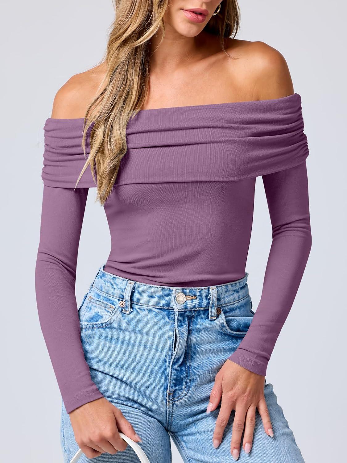 imageANRABESS Long Sleeve Shirt for Women 2025 Fall Off Shoulder Slim Fit Tee Top Sexy Going Out Ruched Blouses Y2K Trendy ClothesPurple